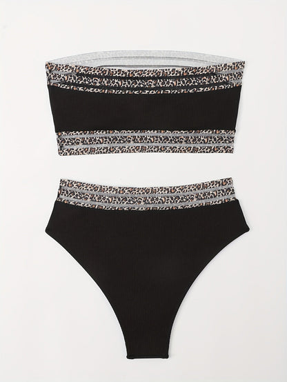 Bikini Leopard Print High Waist Bandeau 2 Piece Swimsuit for Women – Super Stretchy Bikini Set with Seductive Mesh Detail and Flattering Fit – Chic Animal Print Swimwear for Beachwear Poolside and Summer Vacations
