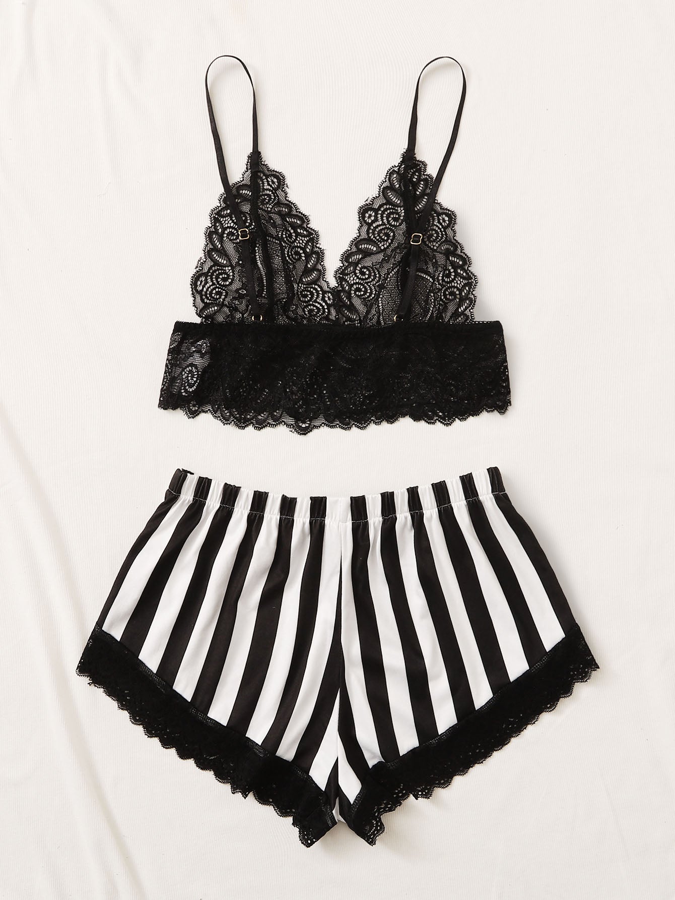 Floral Lace Bra With Striped Shorts, Lingerie