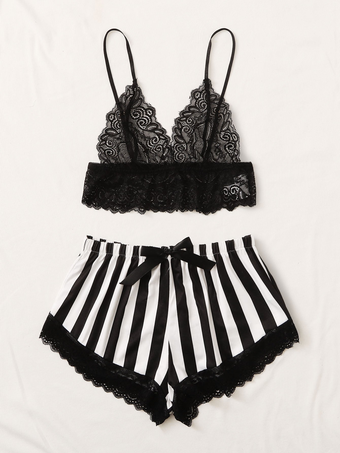 Floral Lace Bra With Striped Shorts, Lingerie