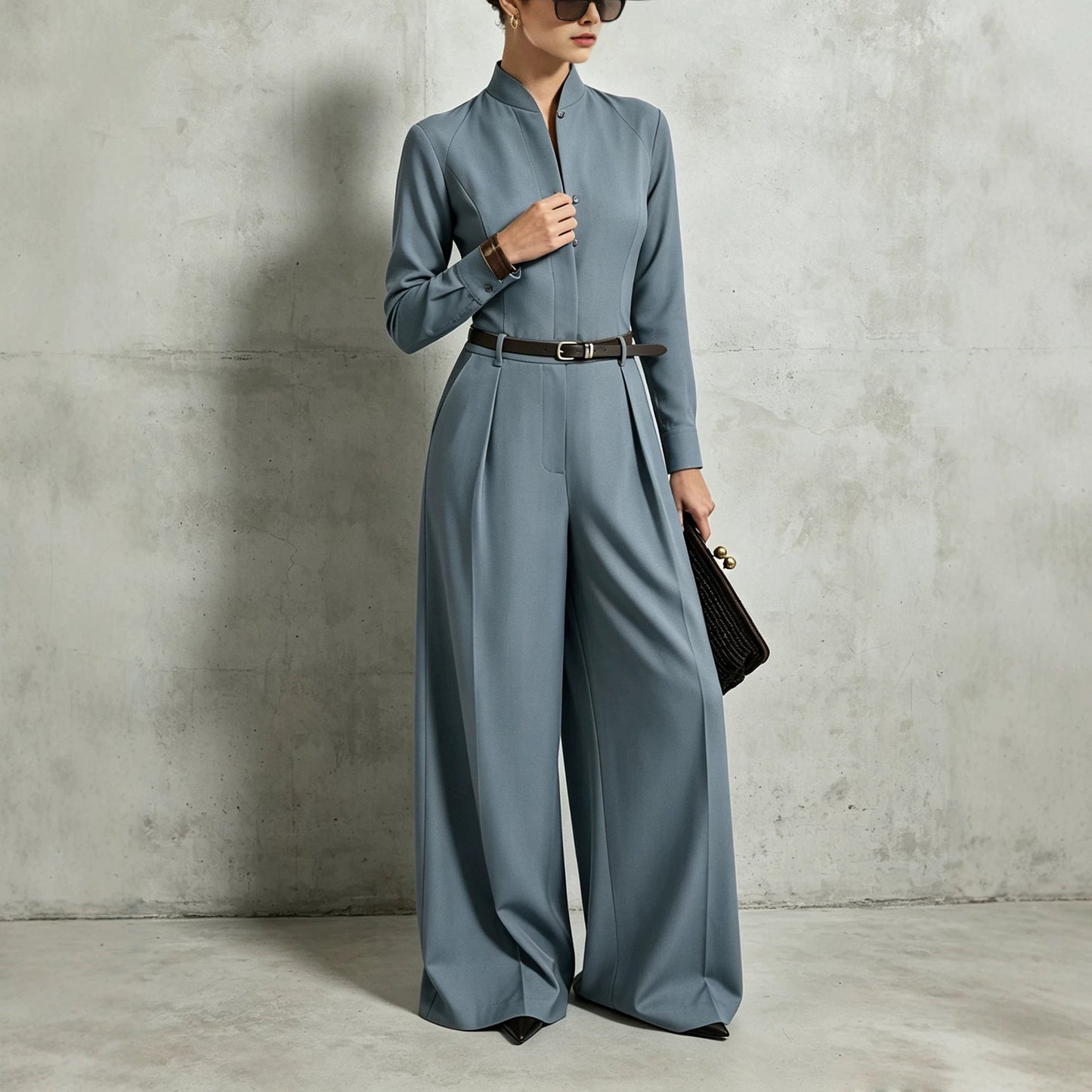 Women's Stand-Collar Long-Sleeve Wide-Leg Jumpsuit