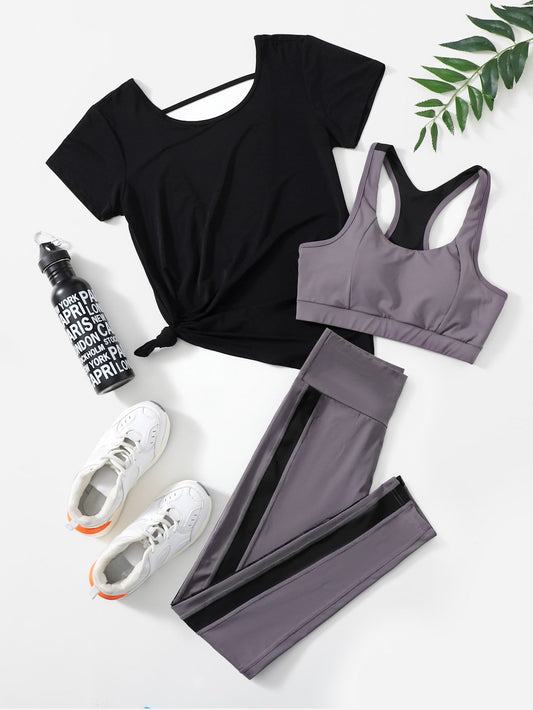 Sport Studio 3Pcs Softness & Lightweight Fitness Yoga Suit Tracksuit Gym Set Racer Back Top Solid Tee Wide Waistband Tights Workout Clothes