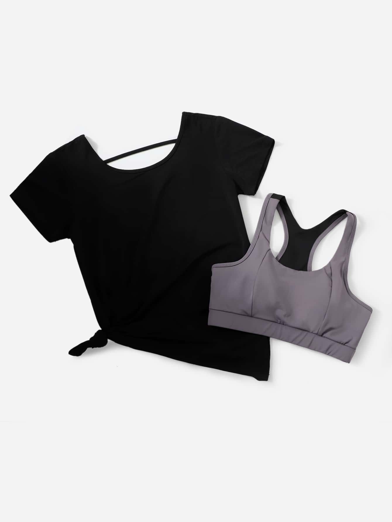 Sport Studio 3Pcs Softness & Lightweight Fitness Yoga Suit Tracksuit Gym Set Racer Back Top Solid Tee Wide Waistband Tights Workout Clothes