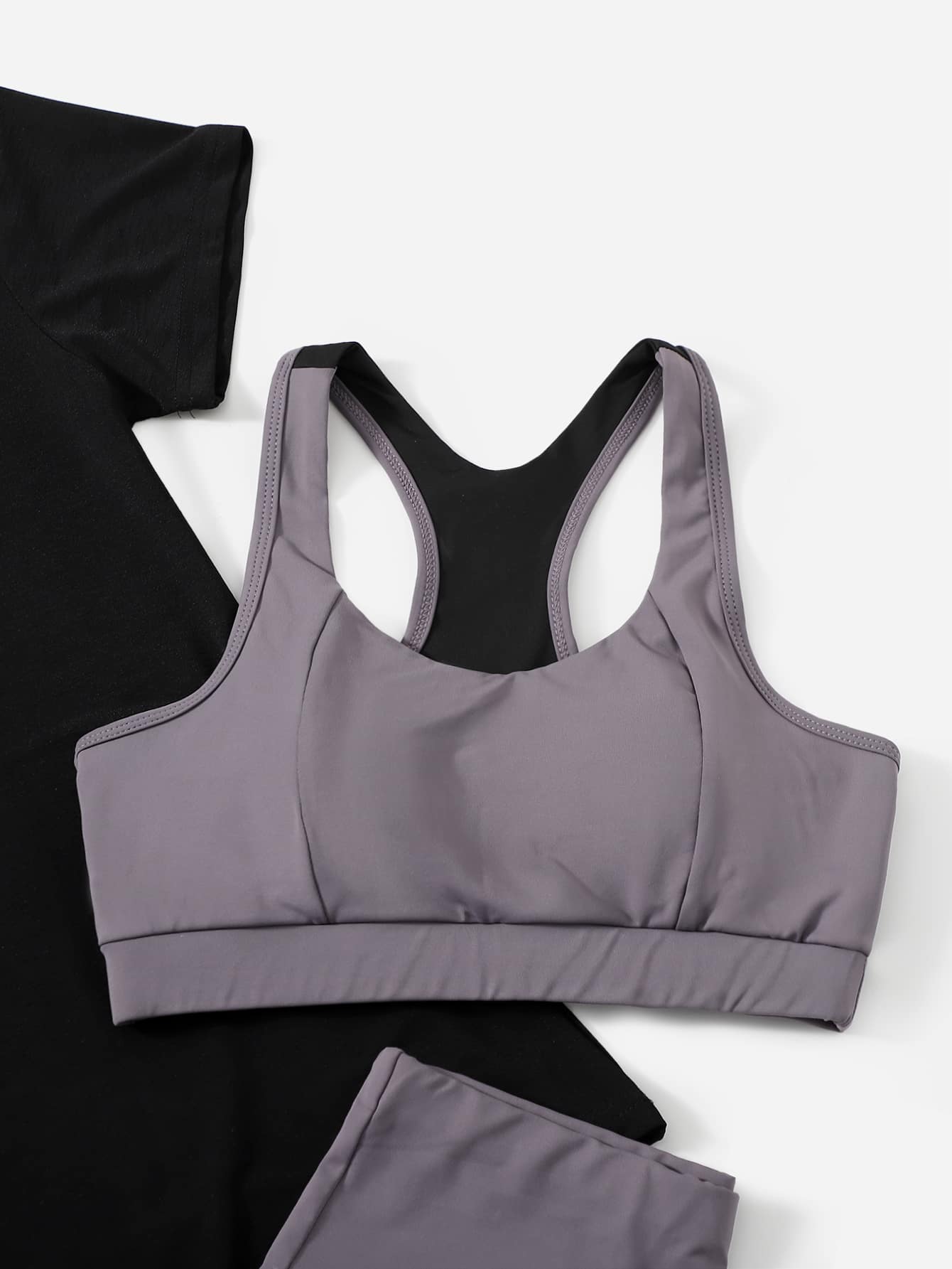 Sport Studio 3Pcs Softness & Lightweight Fitness Yoga Suit Tracksuit Gym Set Racer Back Top Solid Tee Wide Waistband Tights Workout Clothes