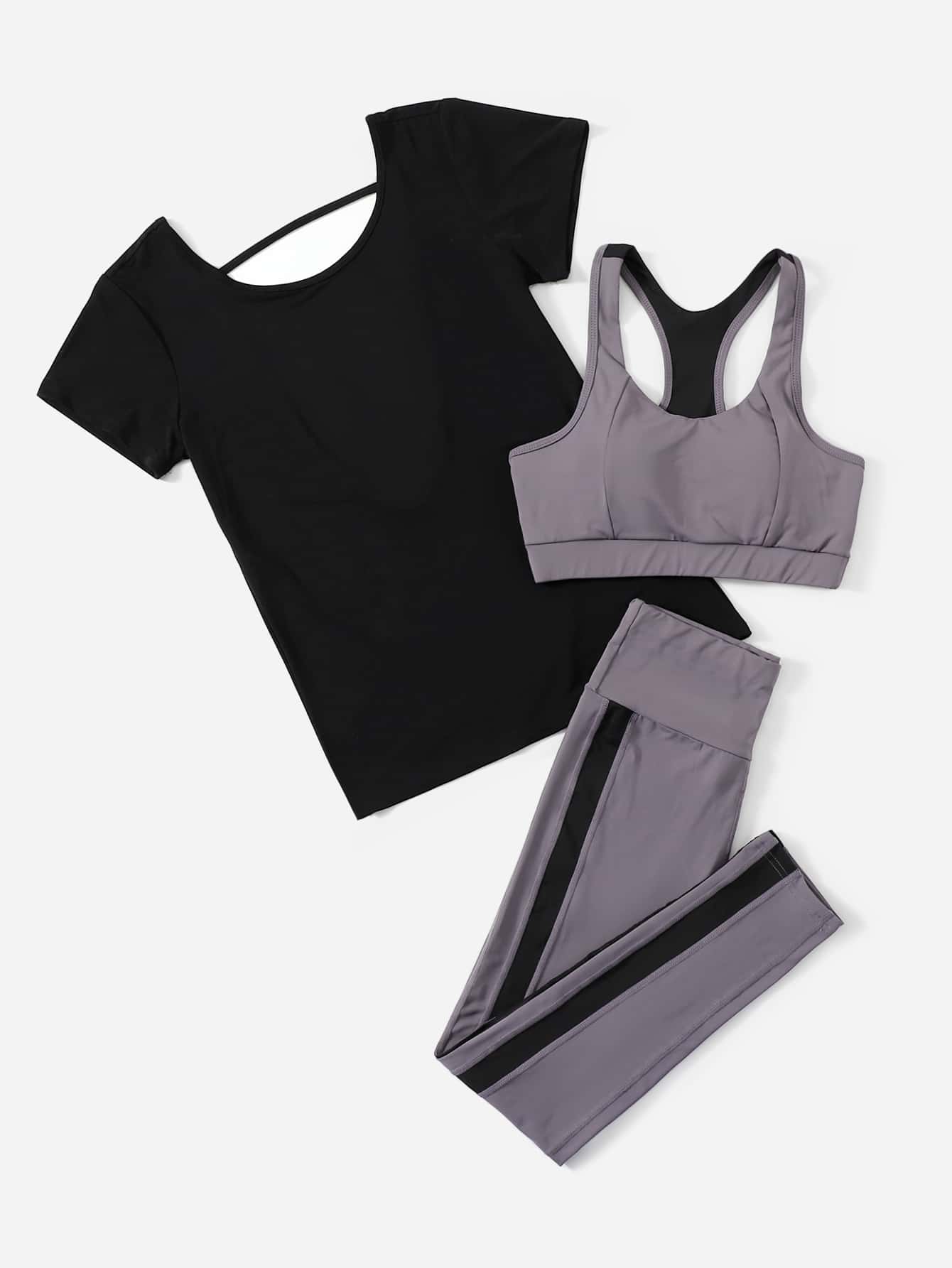 Sport Studio 3Pcs Softness & Lightweight Fitness Yoga Suit Tracksuit Gym Set Racer Back Top Solid Tee Wide Waistband Tights Workout Clothes