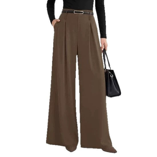 Women's pleated wide-leg trousers in rich brown featuring a slimming drape silhouette, structured front pleats, and an adjustable belted waist.