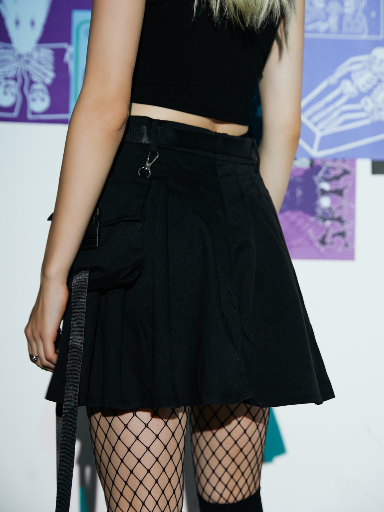 ROMWE Grunge Punk Release-Buckle Pleated Cargo Skirt, School