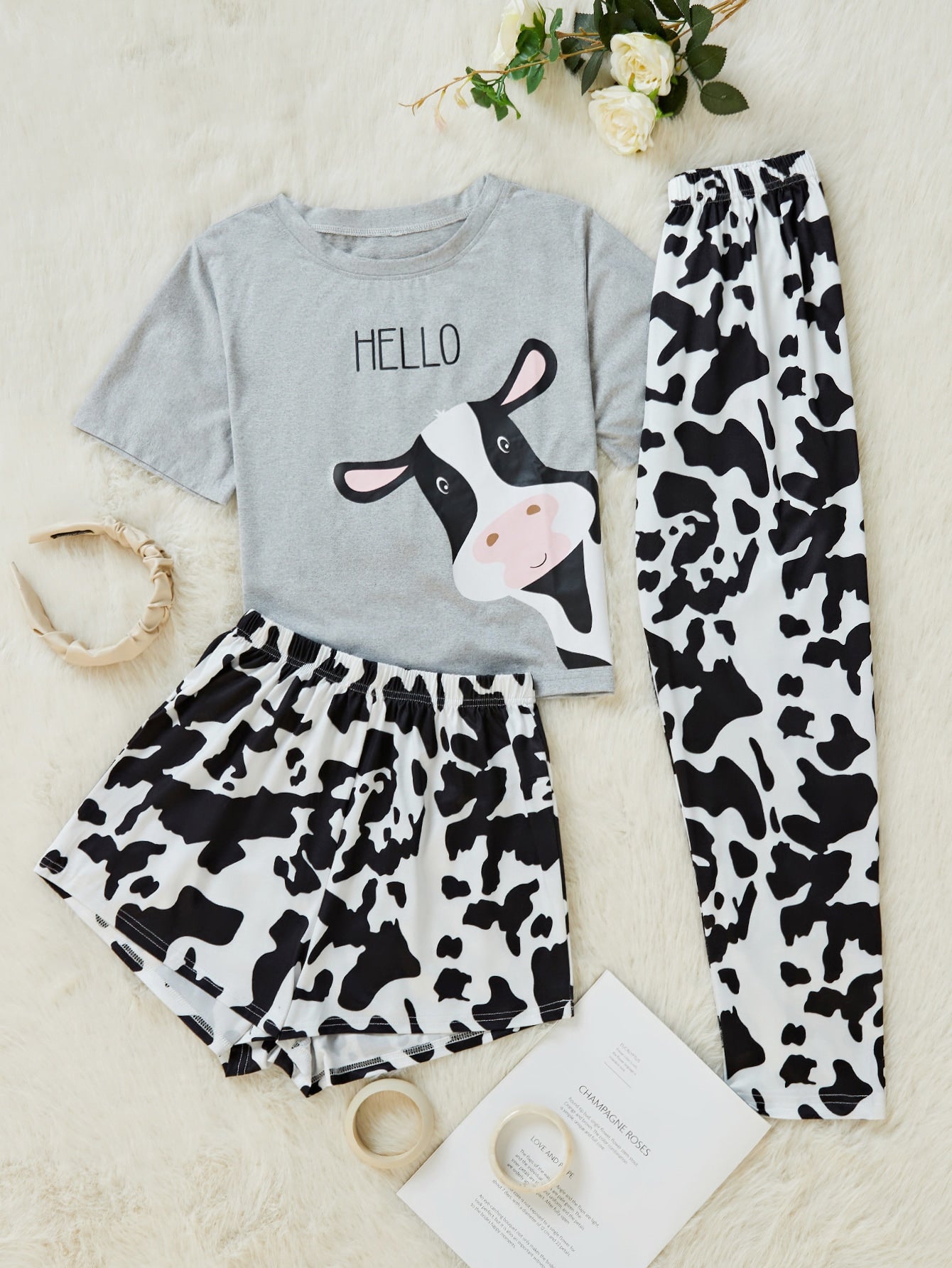 Letter And Graphic Print Top & Shorts & Pants PJ Set / Pajama Set