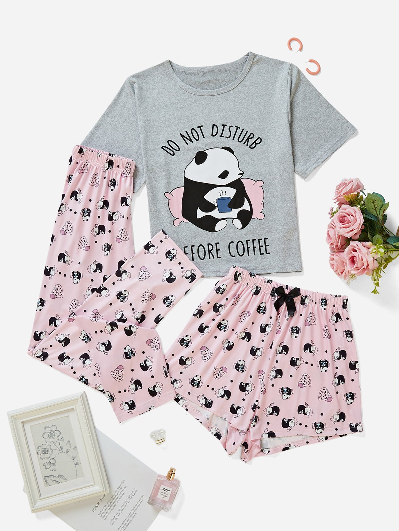 Letter And Graphic Print Top & Shorts & Pants PJ Set / Pajama Set