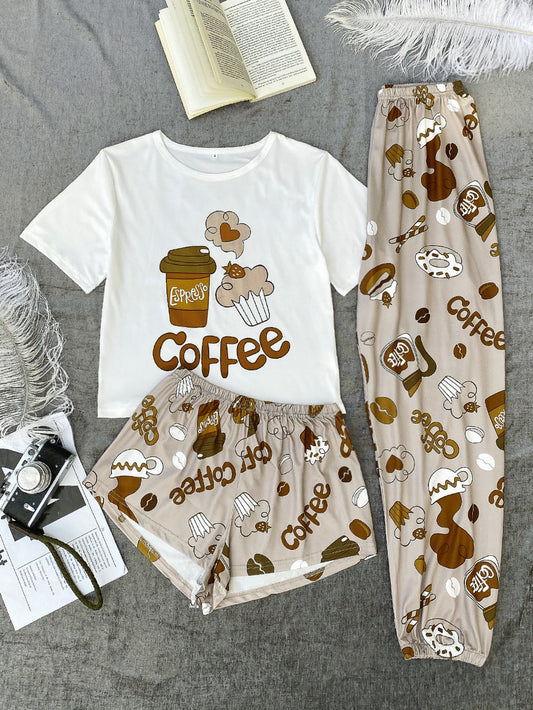 Letter And Graphic Print Top & Shorts & Pants PJ Set / Pajama Set