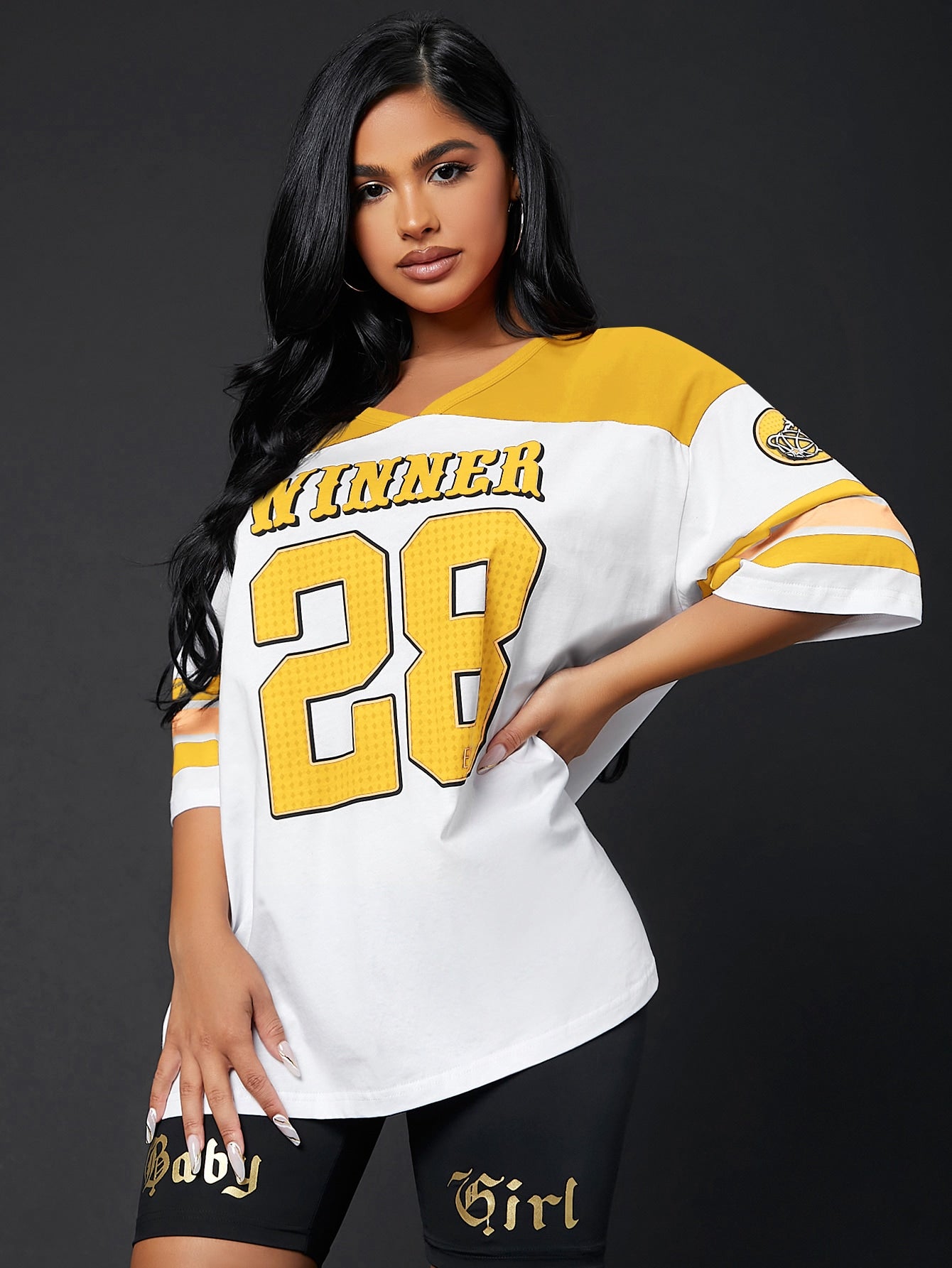 SXY Colorblock & Letter Graphic Drop Shoulder Longline Tee