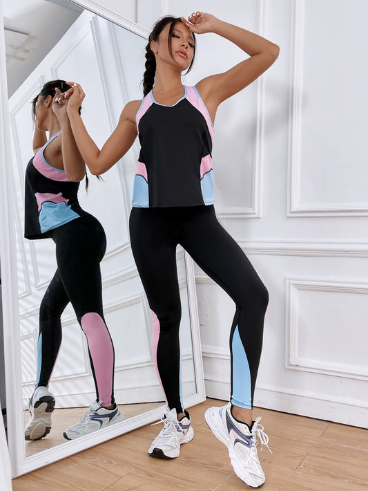 Sport Studio 2pcs Contrast Panel Workout Set Yoga Suit Top-Stitching Tank & Leggings Workout Set Workout Set