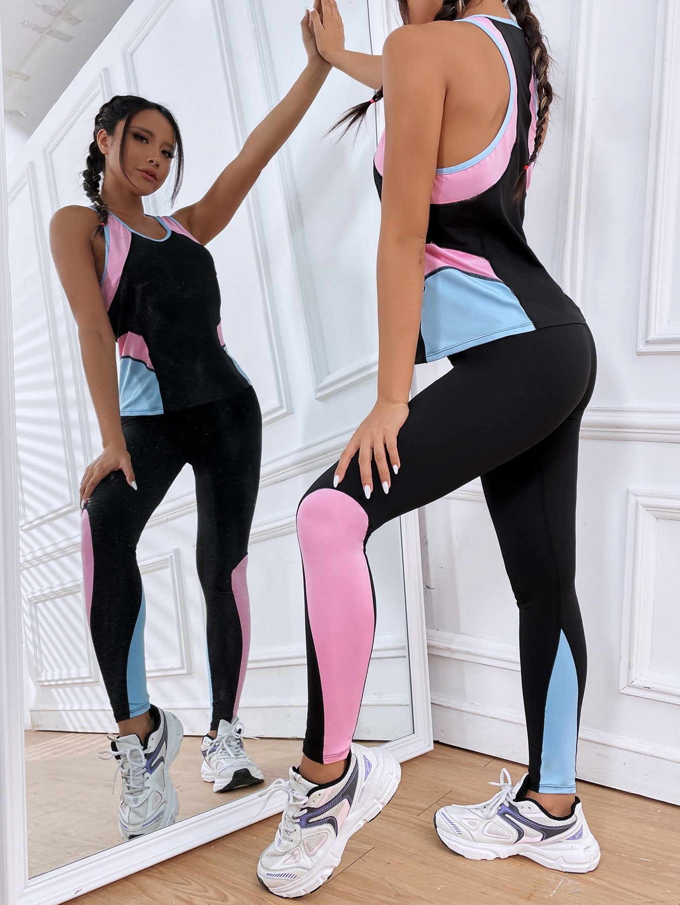 Sport Studio 2pcs Contrast Panel Workout Set Yoga Suit Top-Stitching Tank & Leggings Workout Set Workout Set