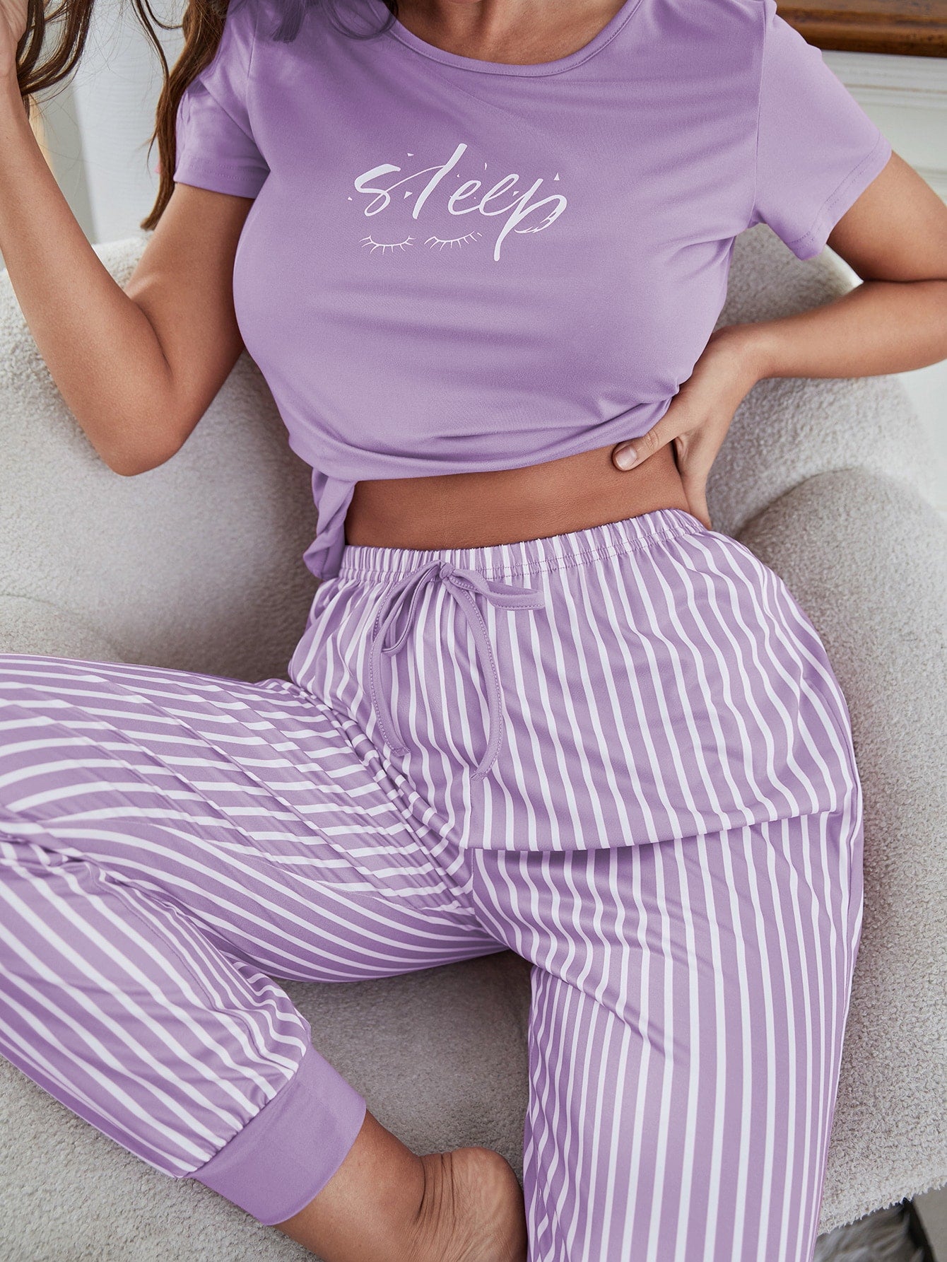Eyelash & Letter Graphic Tee & Striped Pants PJ Set / Pajama Set