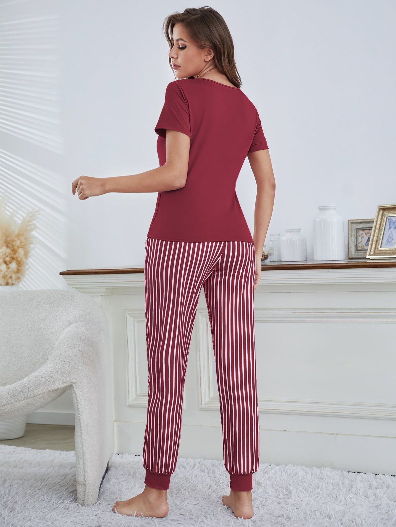 Eyelash & Letter Graphic Tee & Striped Pants PJ Set / Pajama Set