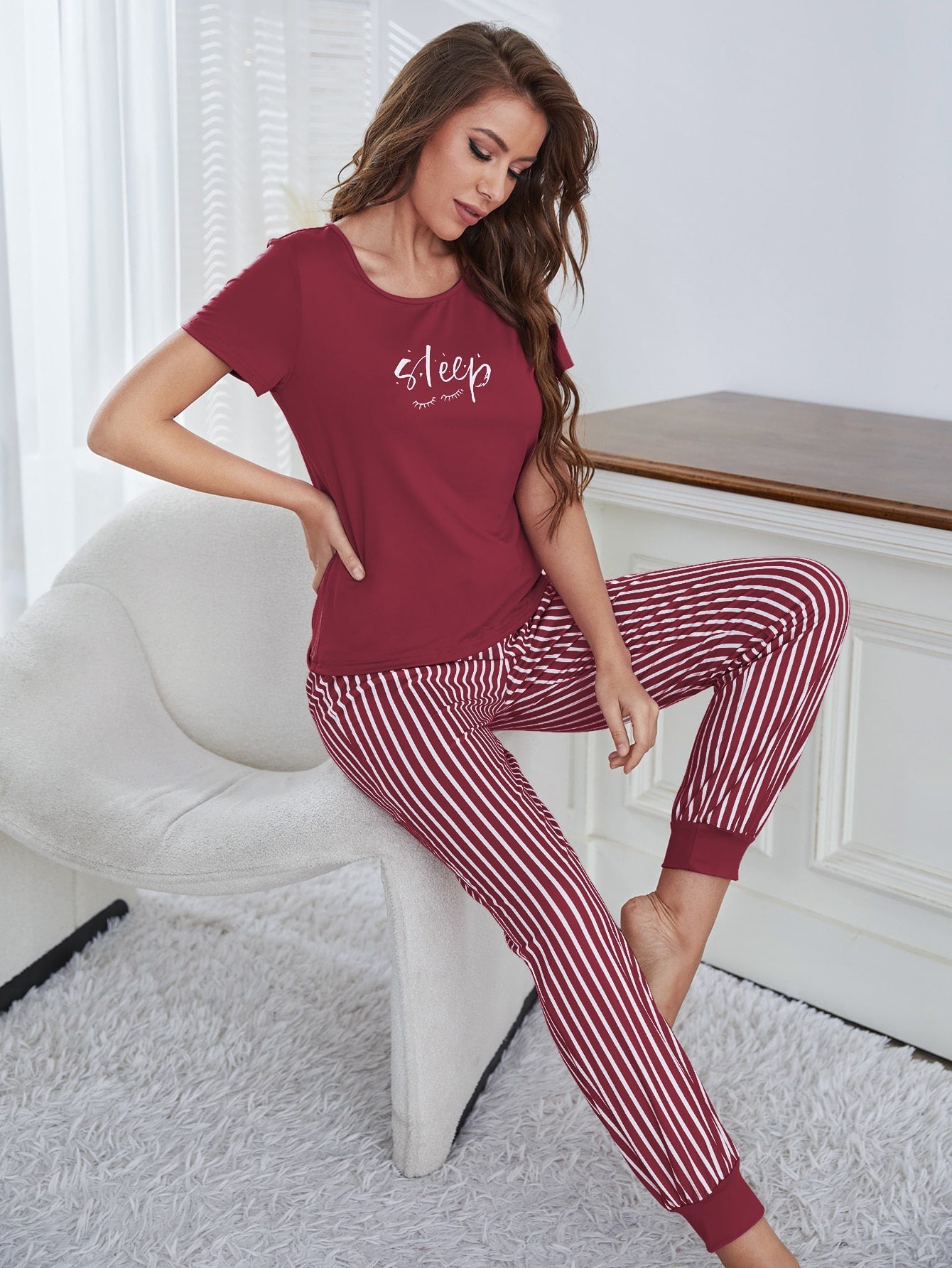 Eyelash & Letter Graphic Tee & Striped Pants PJ Set / Pajama Set