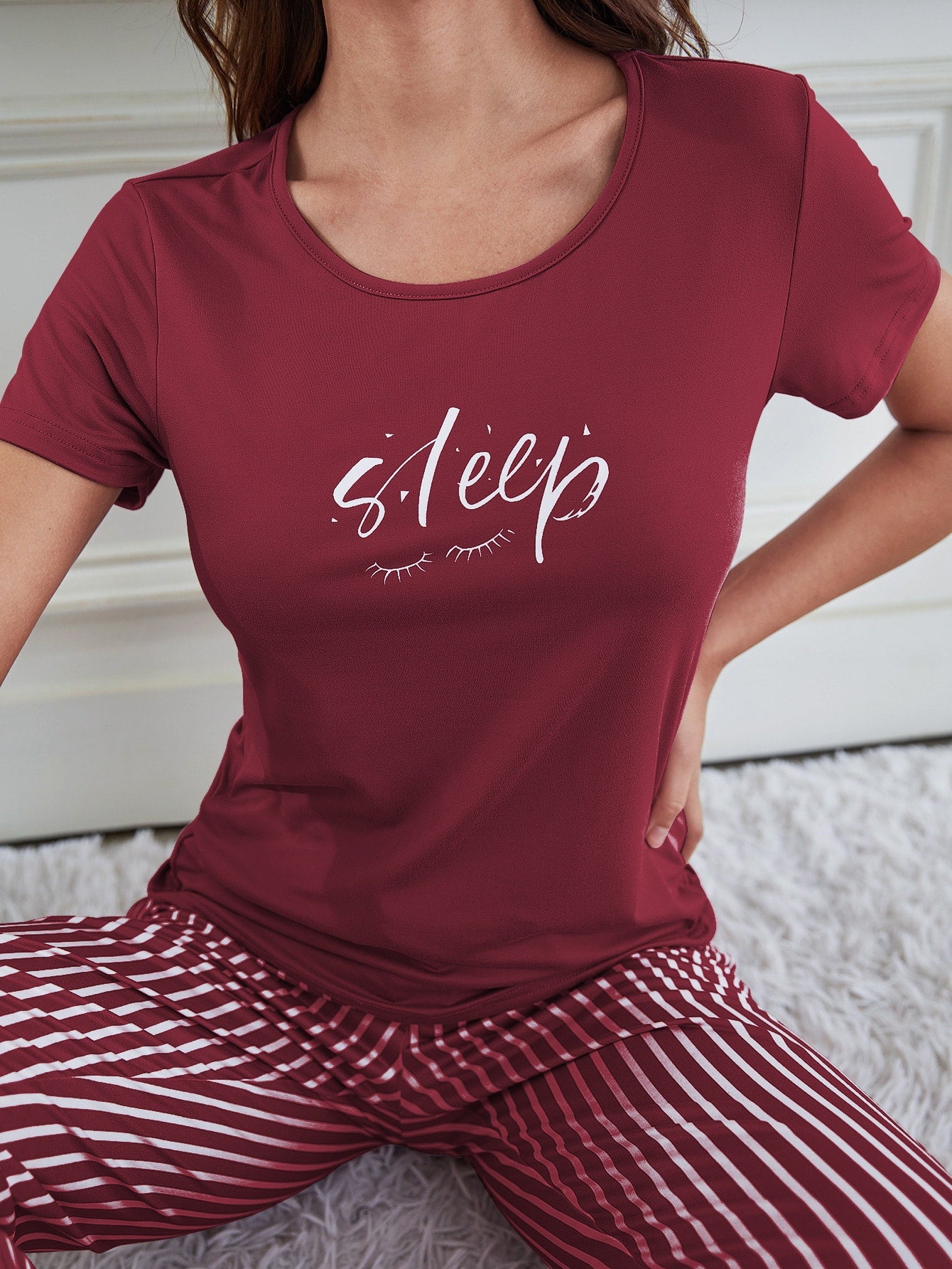 Eyelash & Letter Graphic Tee & Striped Pants PJ Set / Pajama Set