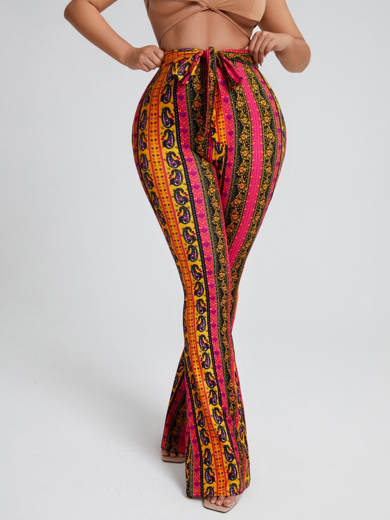 SXY Floral & Paisley Print Knot Front Flare Leg Pants