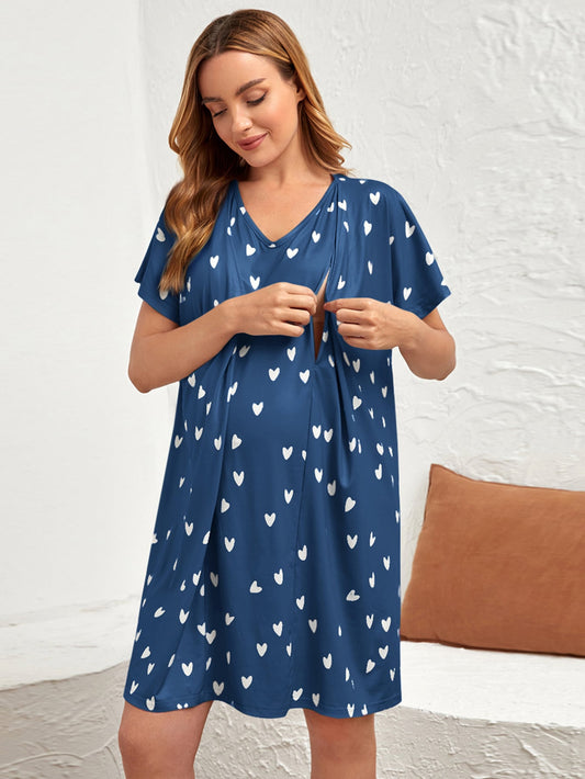 Maternity Heart Print Batwing Sleeve Nursing Nightdress For Mother