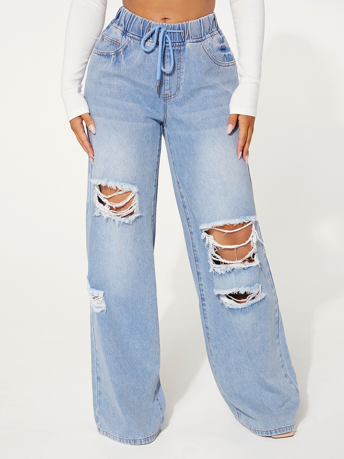 SXY Drawstring Waist Cut Out Ripped Wide Leg Jeans