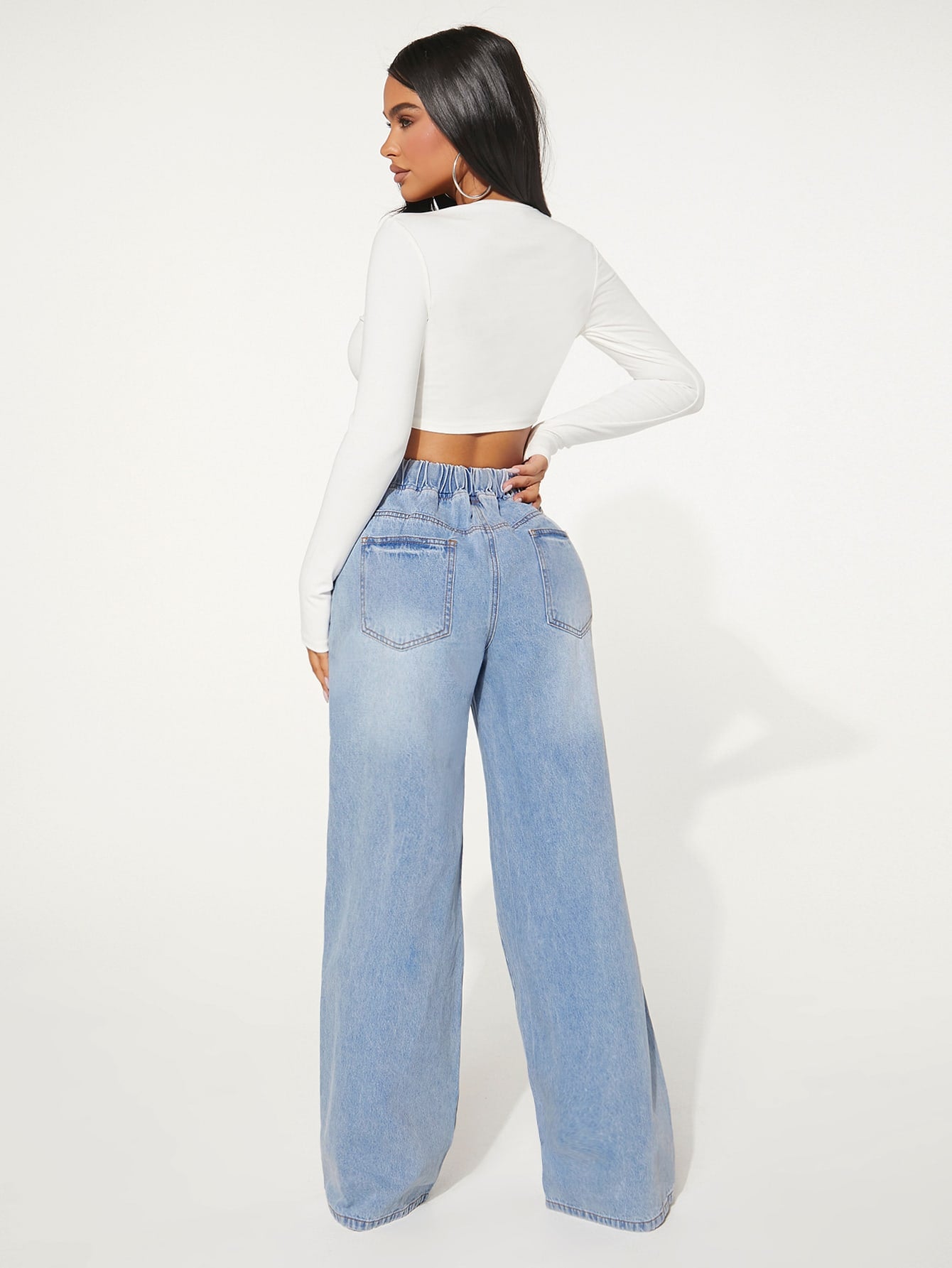 SXY Drawstring Waist Cut Out Ripped Wide Leg Jeans
