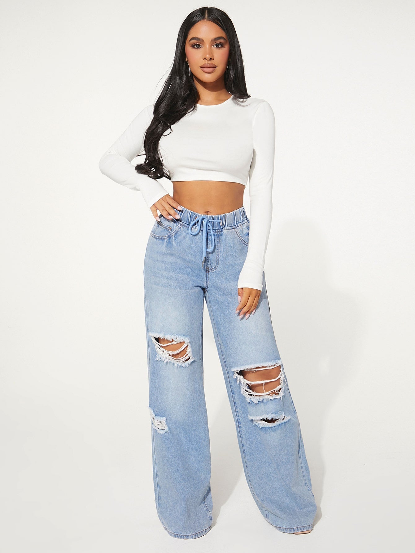 SXY Drawstring Waist Cut Out Ripped Wide Leg Jeans