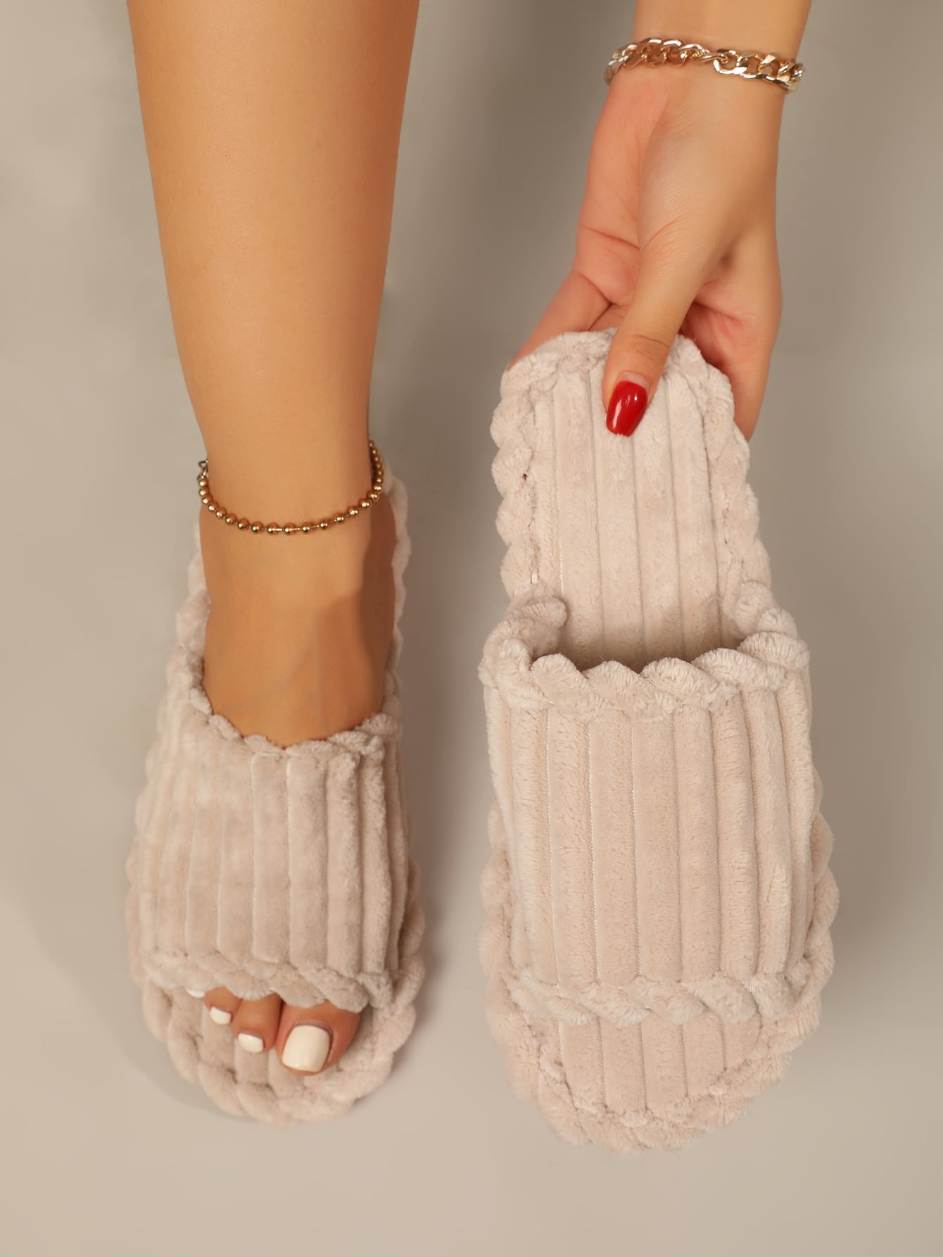 Women's Open Toe Thick Sole Fleece Lined Slippers, Warm House Shoes For Autumn And Winter