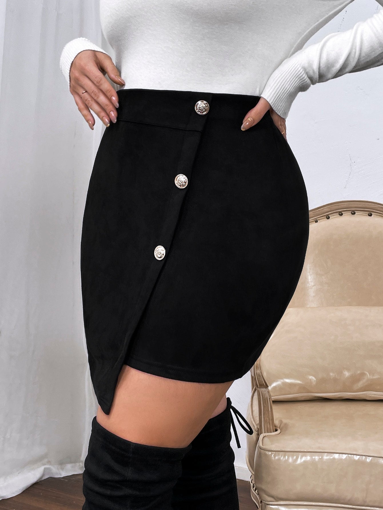 Privé Plus Button Front Asymmetrical Hem Skirt