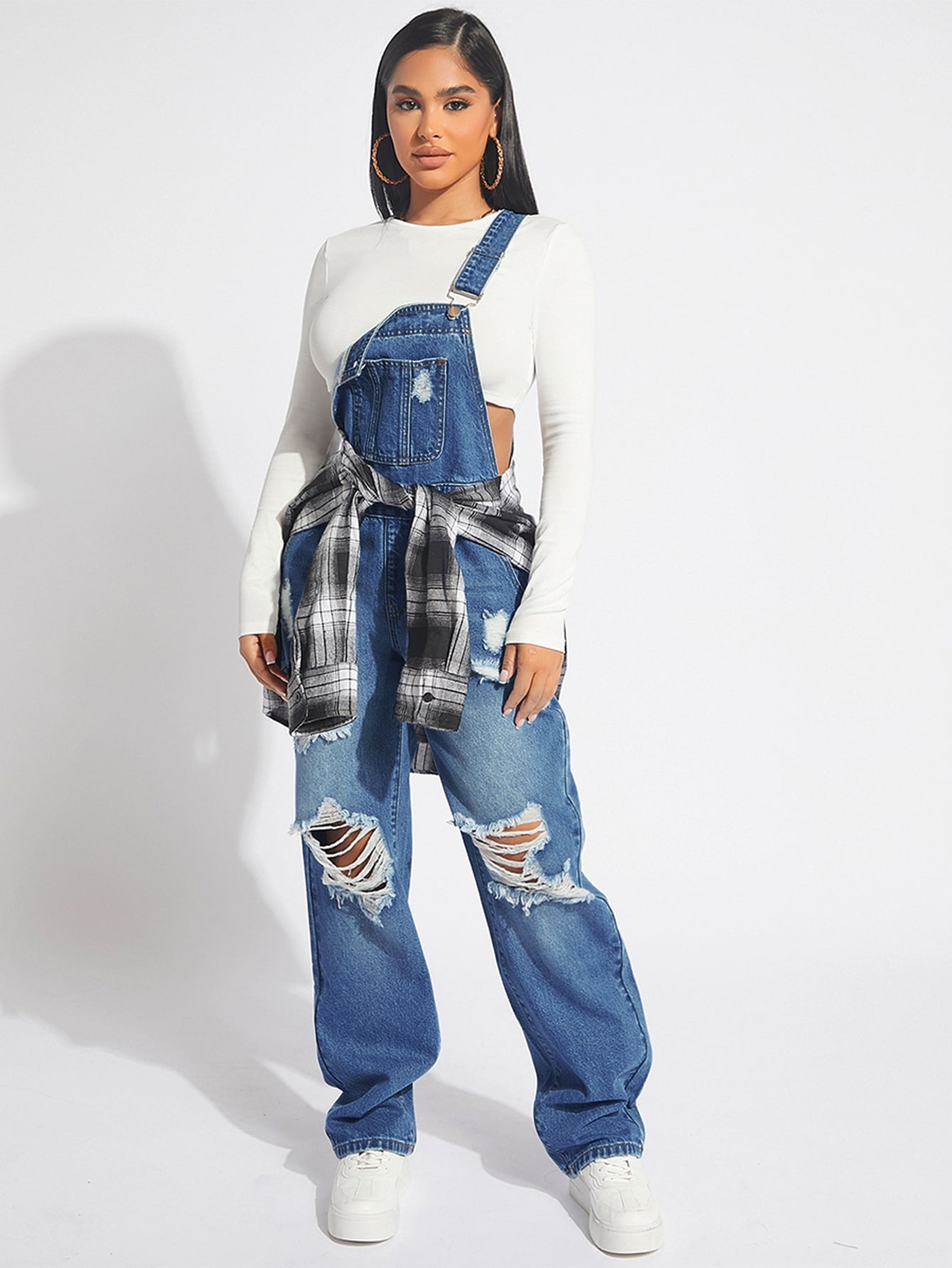 SXY Women's Wide Strap Button Distressed Casual Denim Overalls