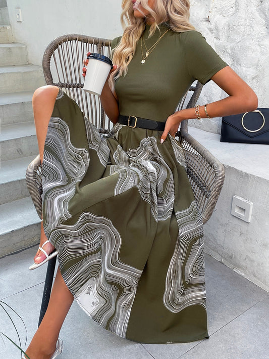 LUNE Graphic Print Mock Neck A-Line Dress Without Belt Maxi Women Outfit