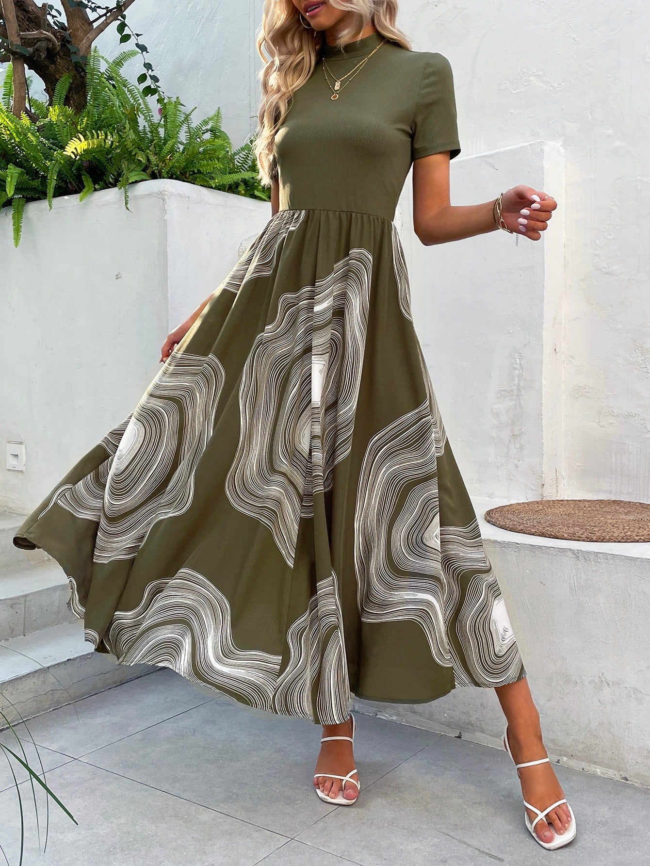 LUNE Graphic Print Mock Neck A-Line Dress Without Belt Maxi Women Outfit