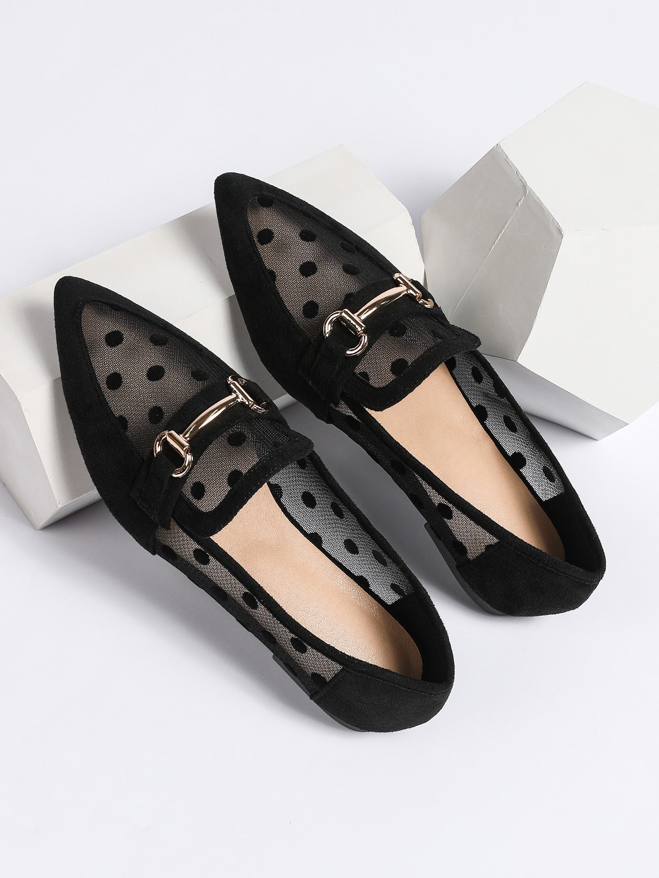 Women Breathable Polka Dot Snaffle Decor Point Toe Flats, Fashionable Outdoor Mesh Loafer Flats