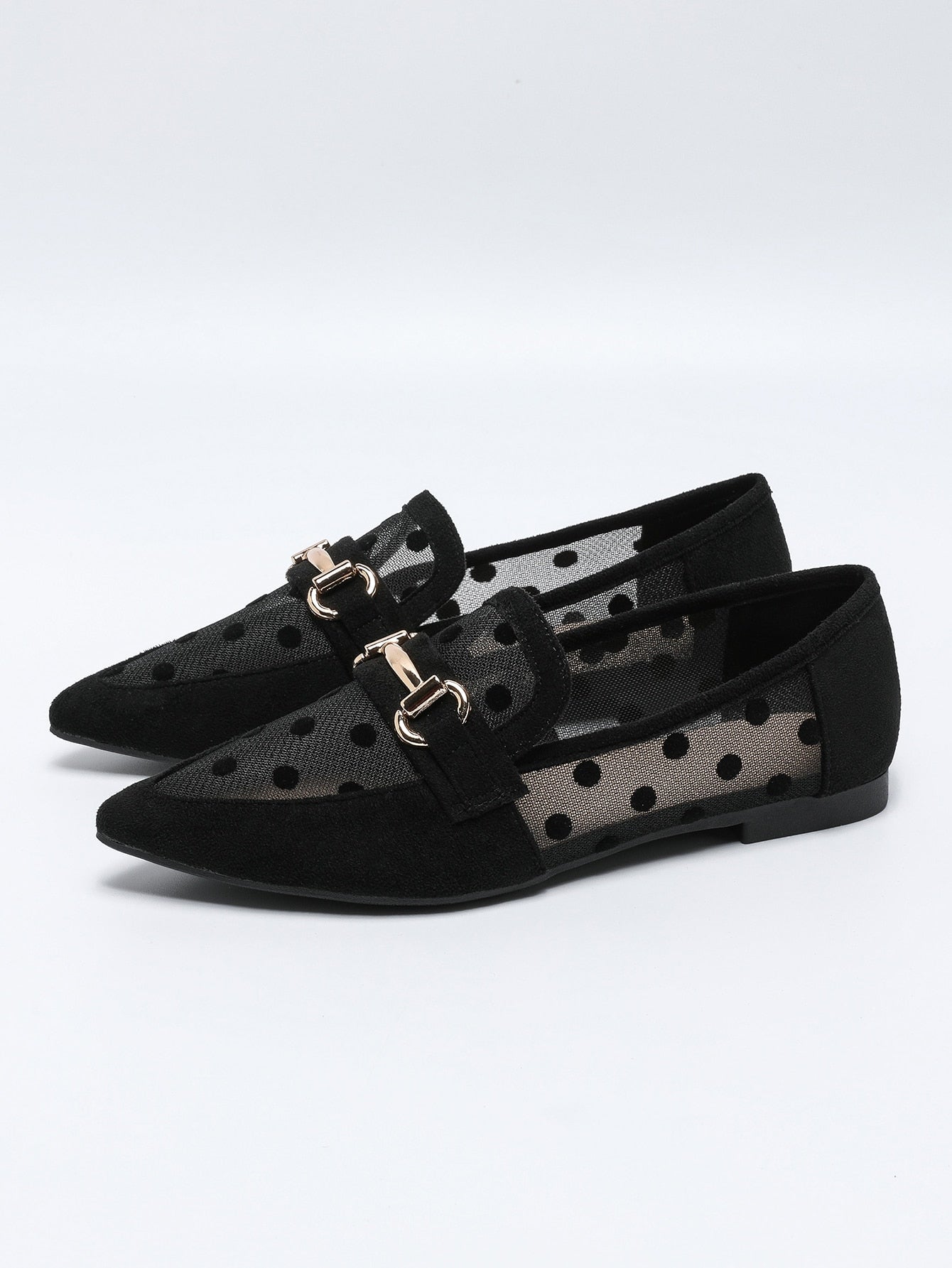 Women Breathable Polka Dot Snaffle Decor Point Toe Flats, Fashionable Outdoor Mesh Loafer Flats