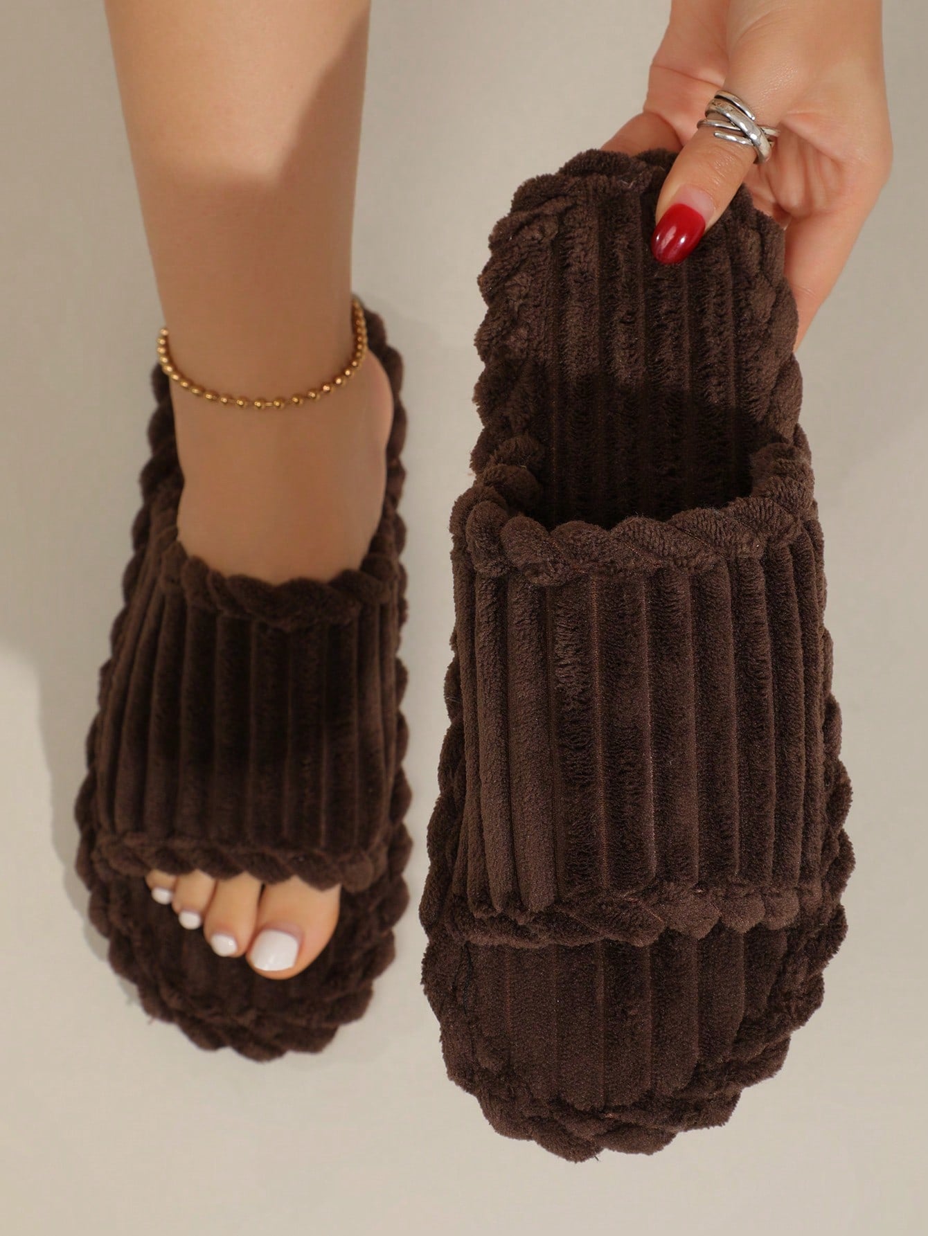 Women's Open Toe Thick Sole Fleece Lined Slippers, Warm House Shoes For Autumn And Winter