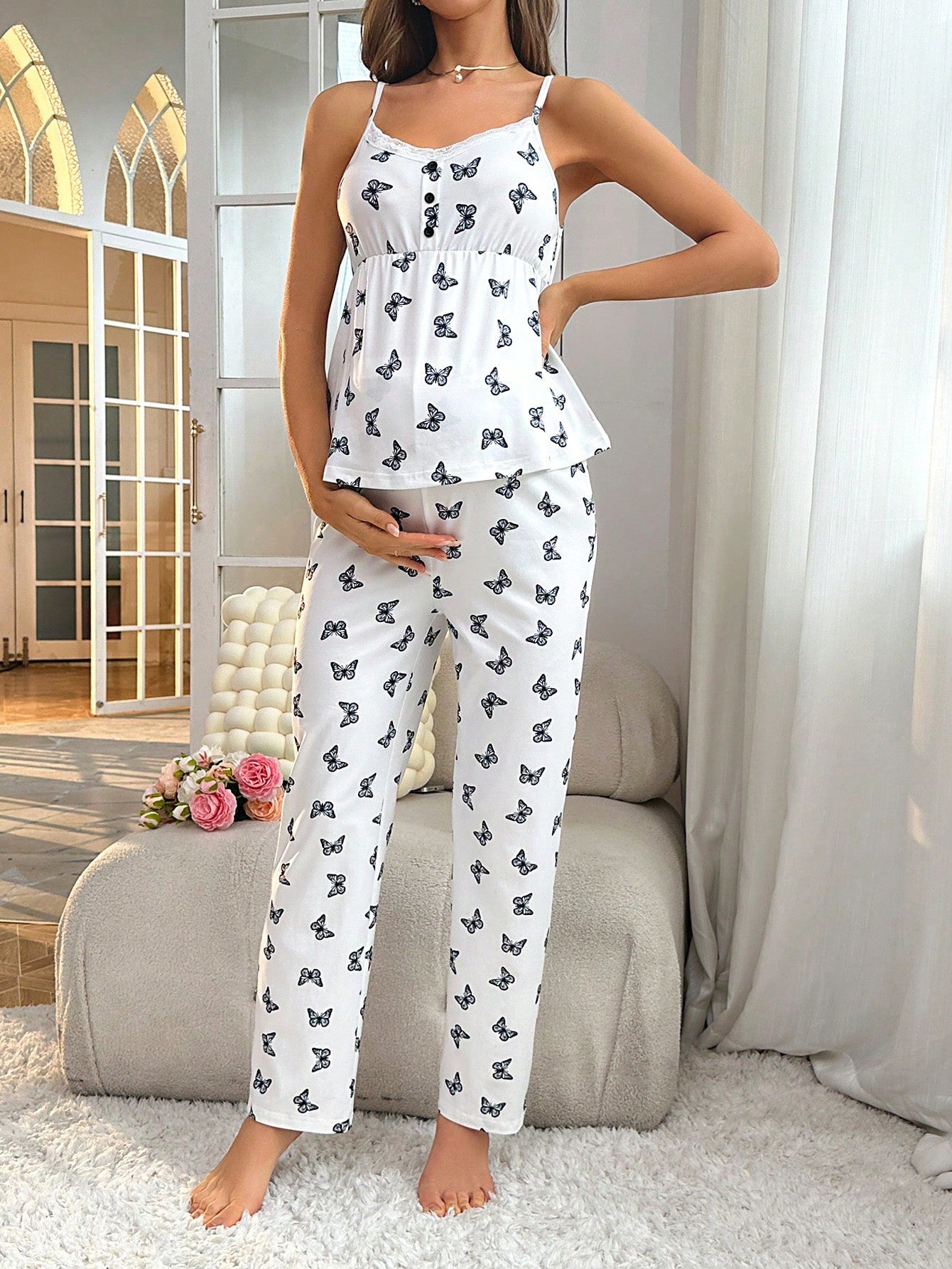 Underwear&Sleepwear Maternity Maternity Butterfly Print Contrast Lace Cami Top & Pants Pajama Set For Mother