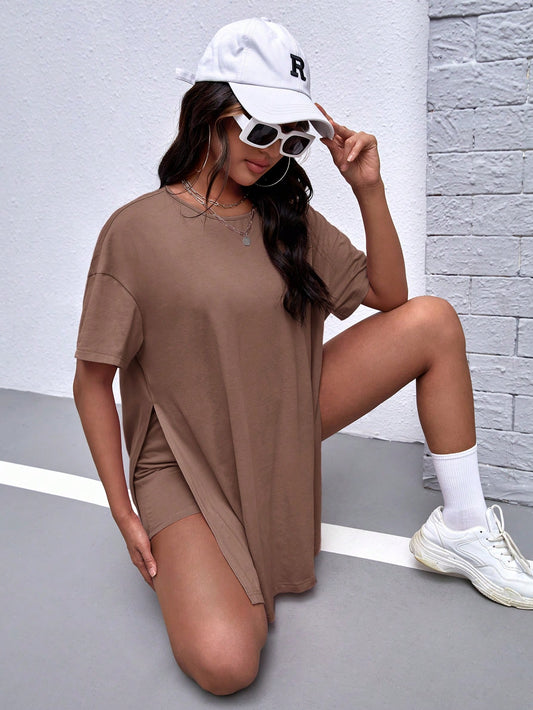 Maternity Solid Split Hem Tee & Biker Shorts
