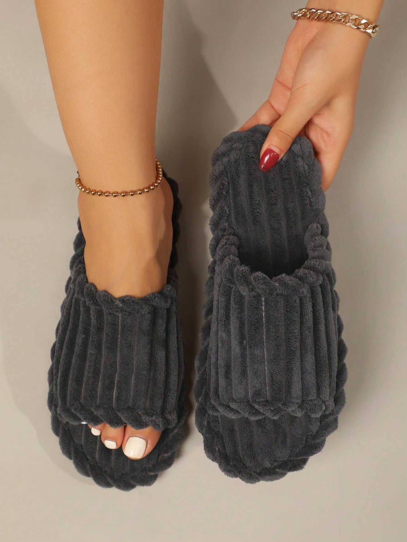 Women's Open Toe Thick Sole Fleece Lined Slippers, Warm House Shoes For Autumn And Winter