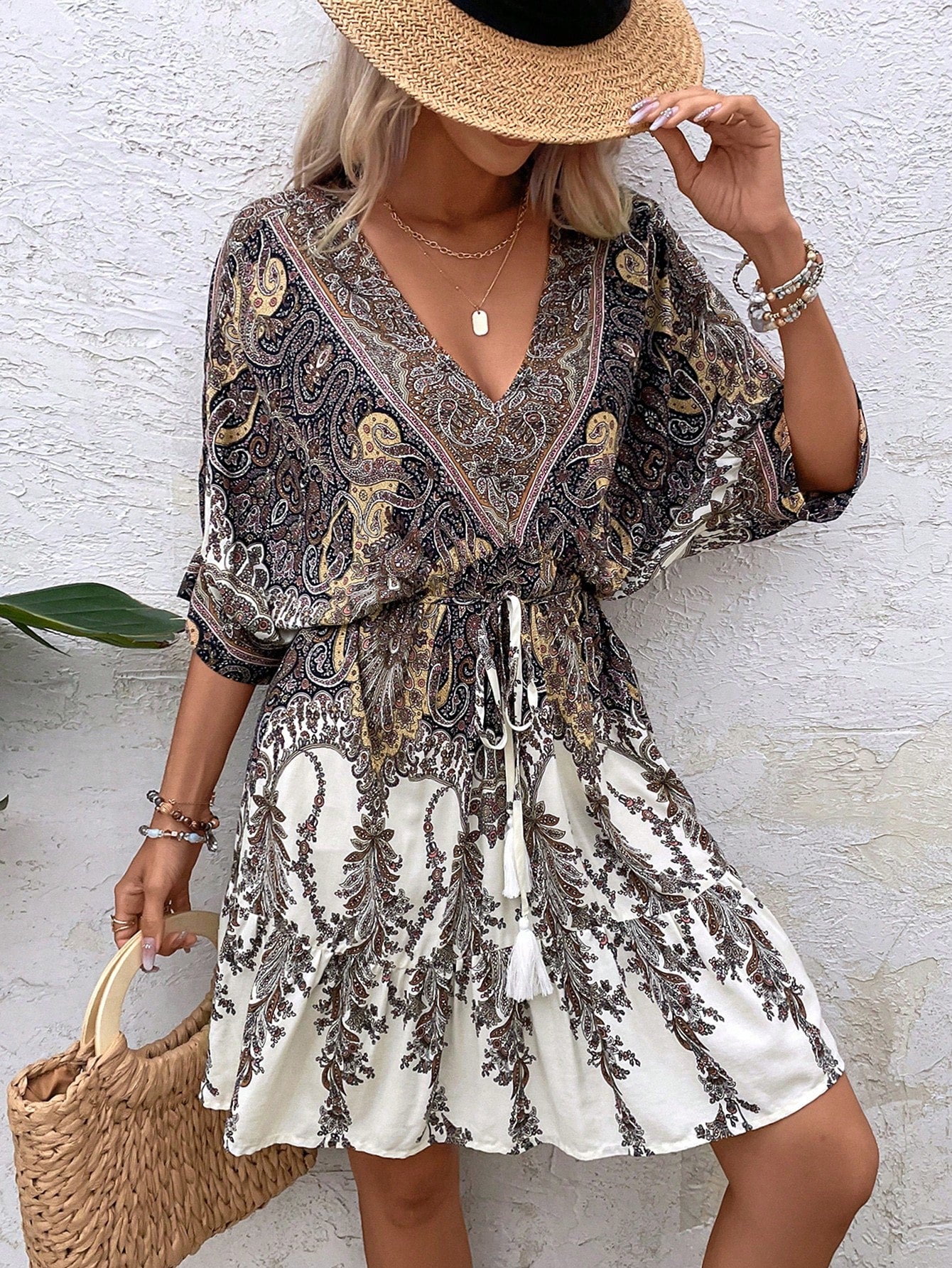 Holidaya Paisley Print Batwing Sleeve Tassel Tie Front Ruffle Hem Dress Vacation Beach Outfits Women