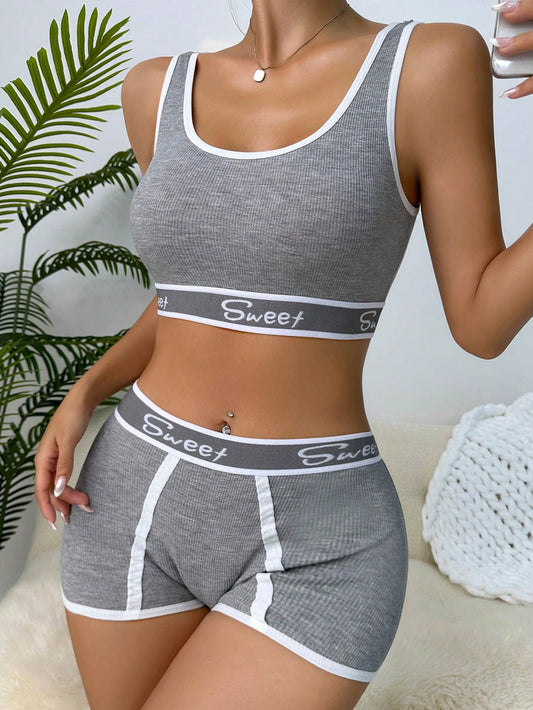 Yoga Letter Tape Contrast Binding Bra & Boyshorts Lingerie Set Sports