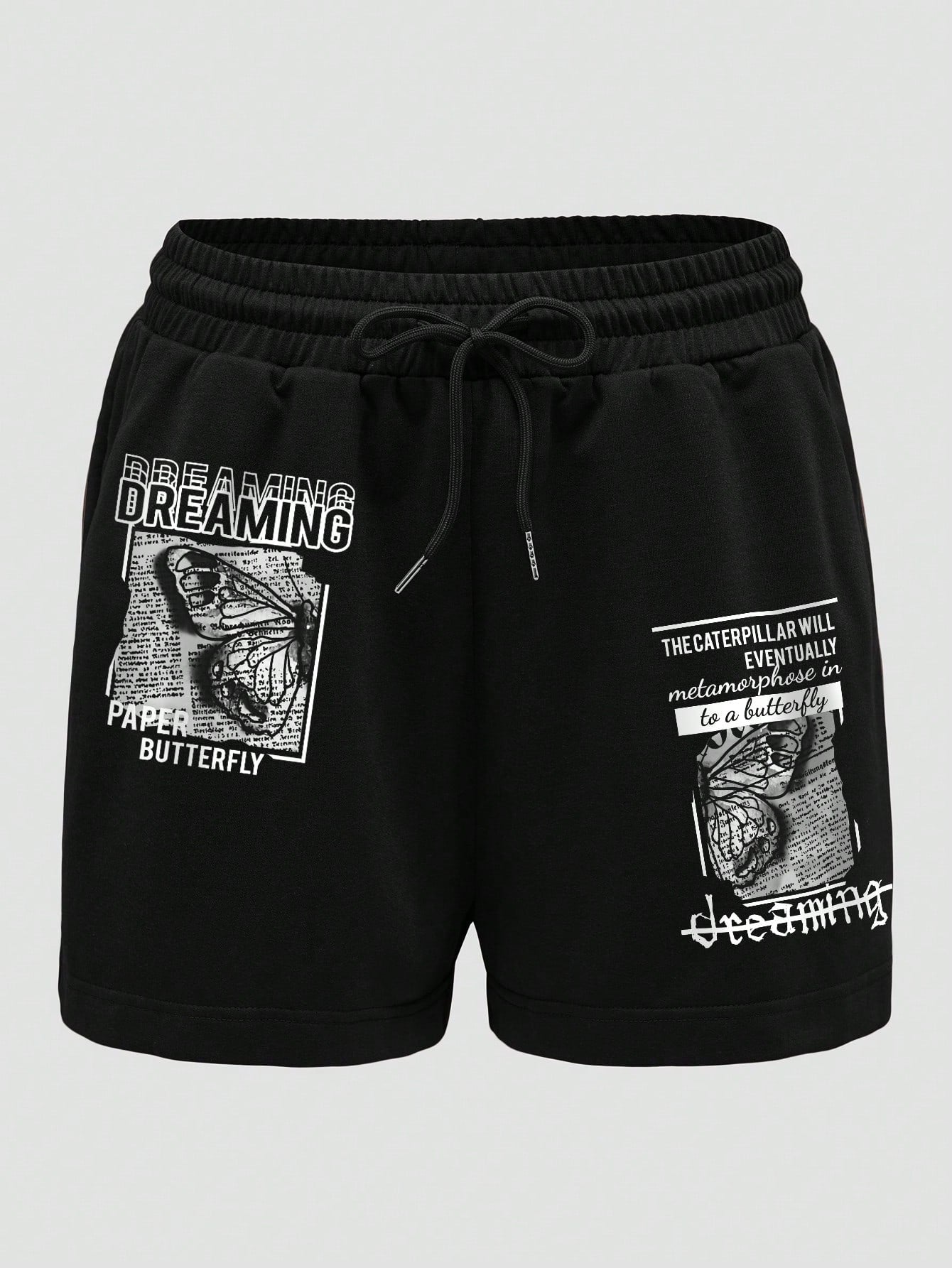 INAWLY Butterfly & Slogan Graphic Drawstring Waist Track Shorts
