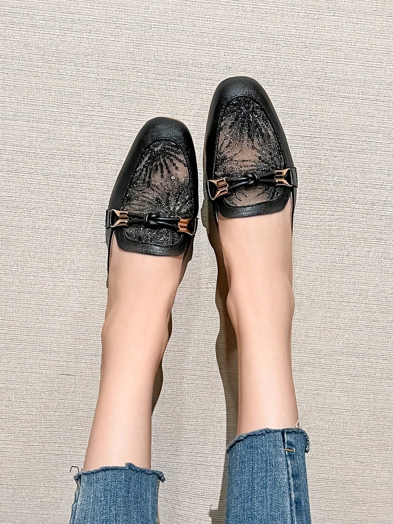 Mengshangli Women's Slip-On Mule Shoes With Metallic Decor, Half- Flat Sole Fashionable Slouchy Shoes