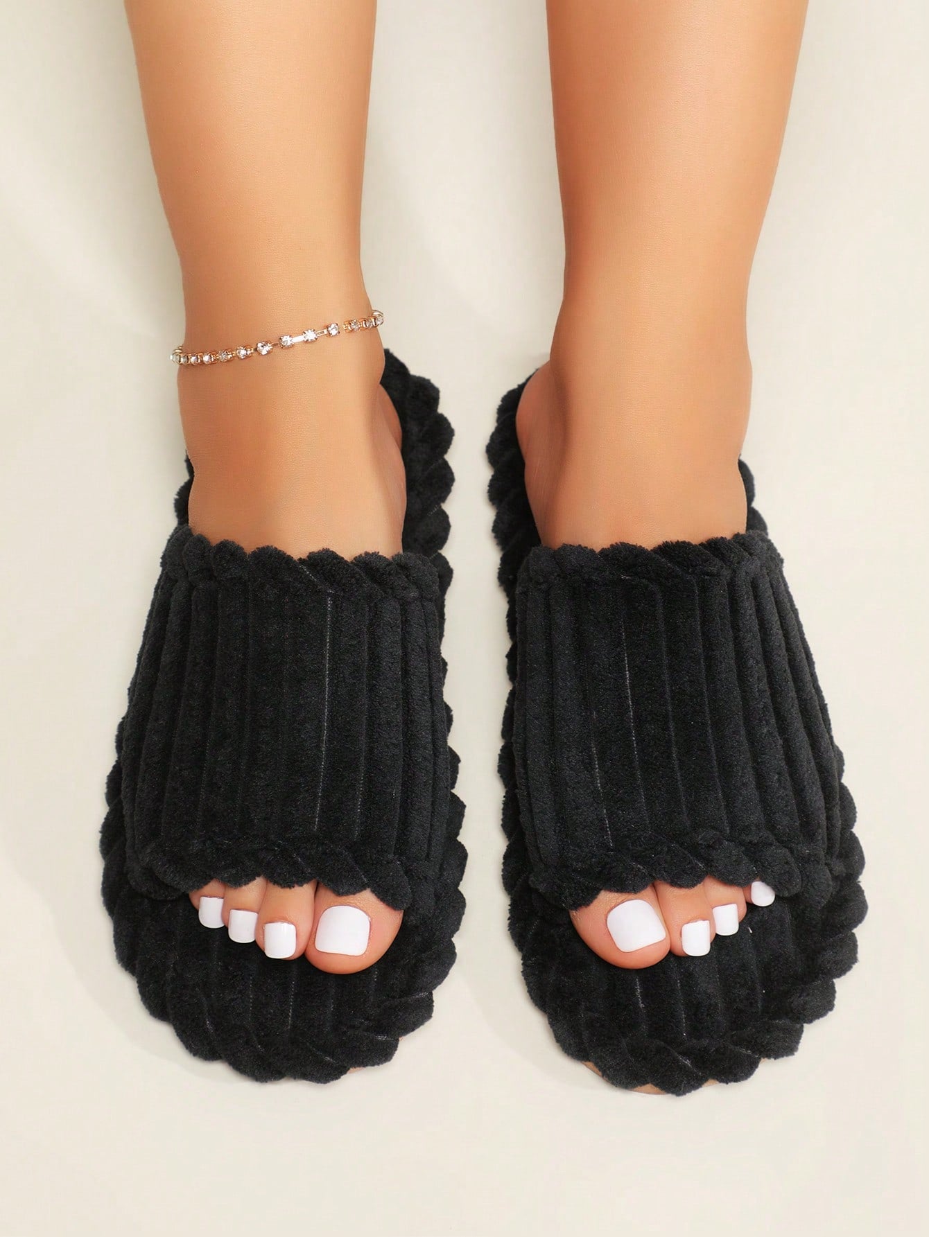 Women's Open Toe Thick Sole Fleece Lined Slippers, Warm House Shoes For Autumn And Winter