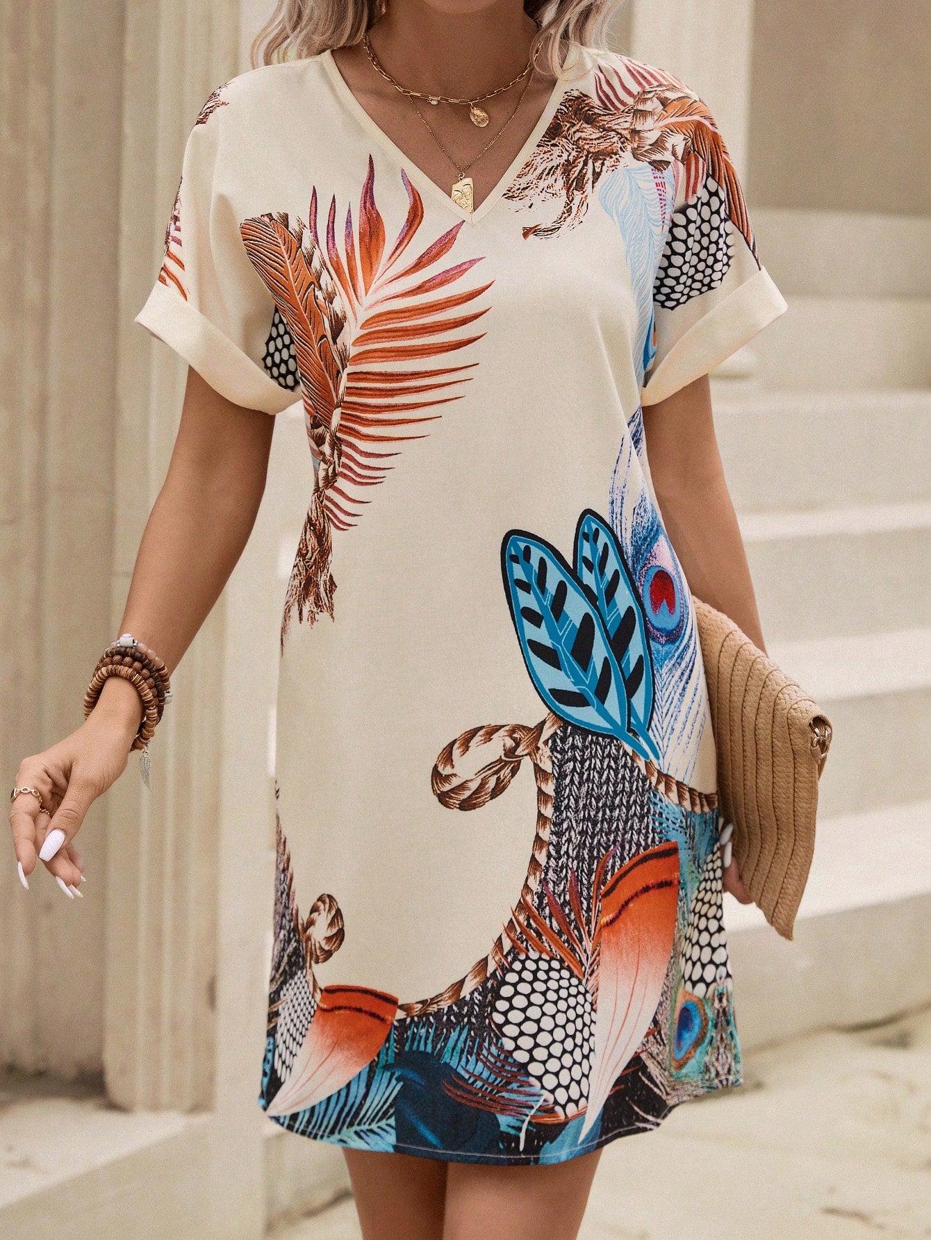 LUNE Bohemian Peacock Print V-Neck Shoulder-Tied A-Line Dress For Women