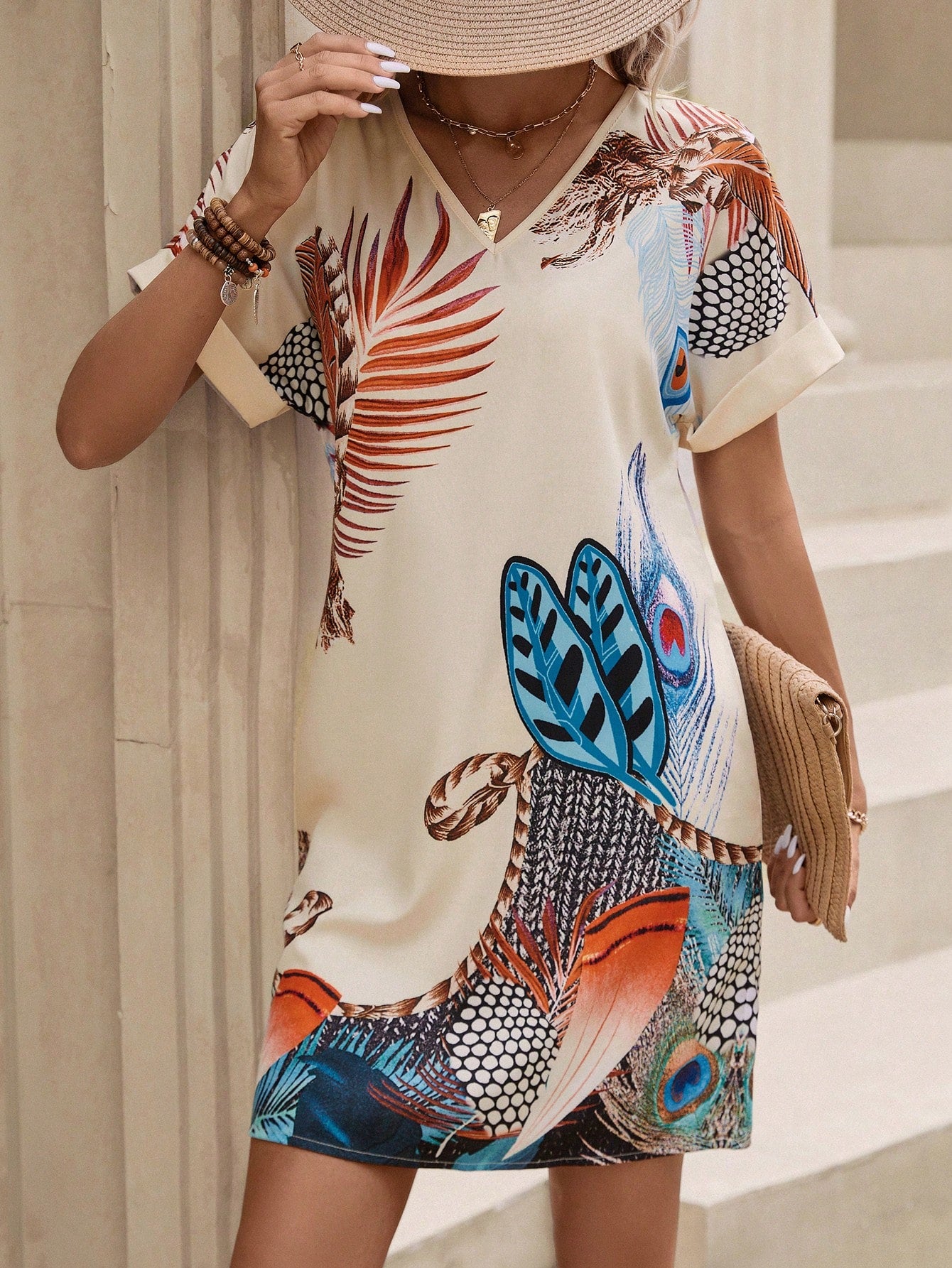LUNE Bohemian Peacock Print V-Neck Shoulder-Tied A-Line Dress For Women