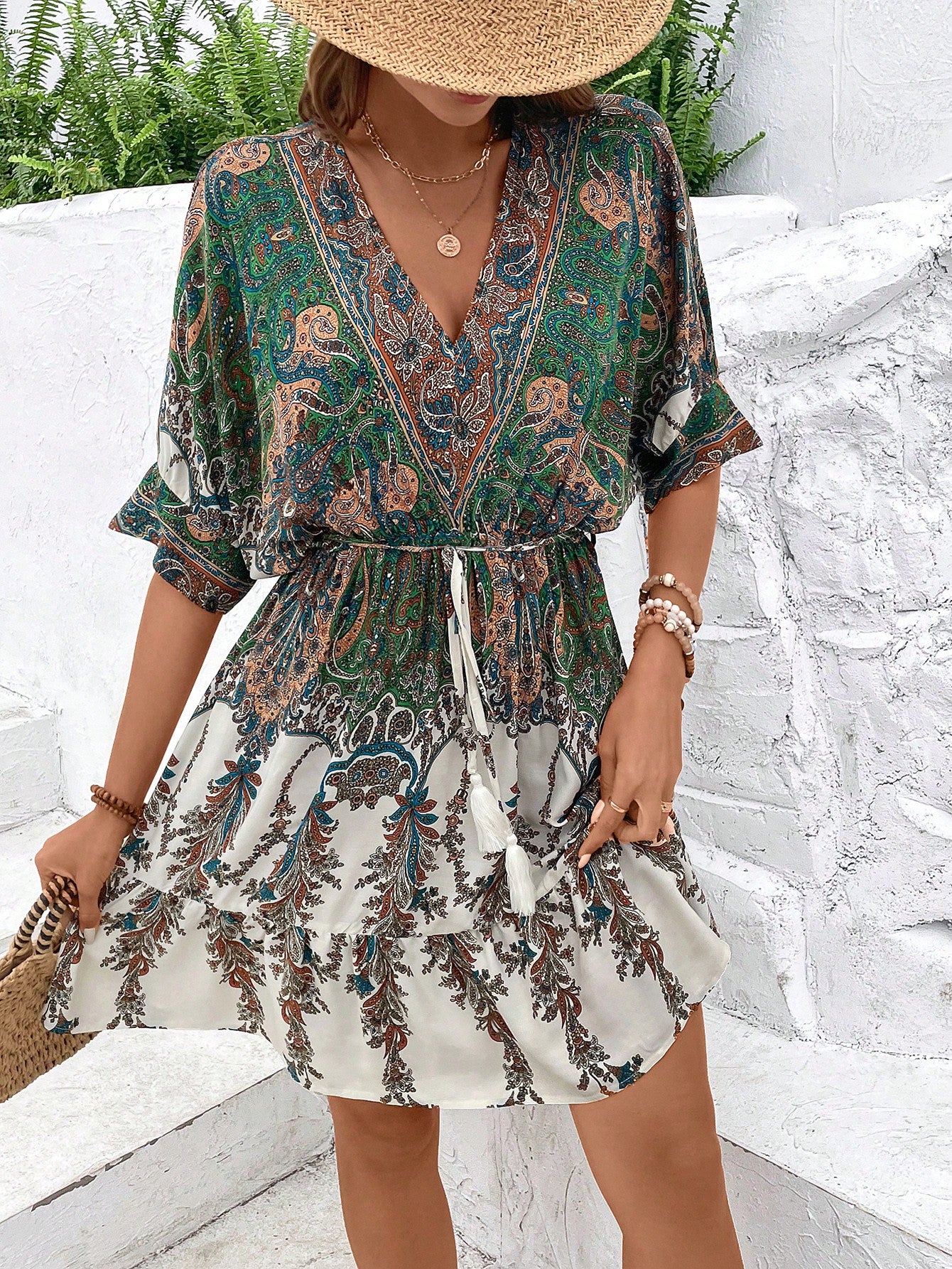 Holidaya Paisley Print Batwing Sleeve Tassel Tie Front Ruffle Hem Dress Vacation Beach Outfits Women