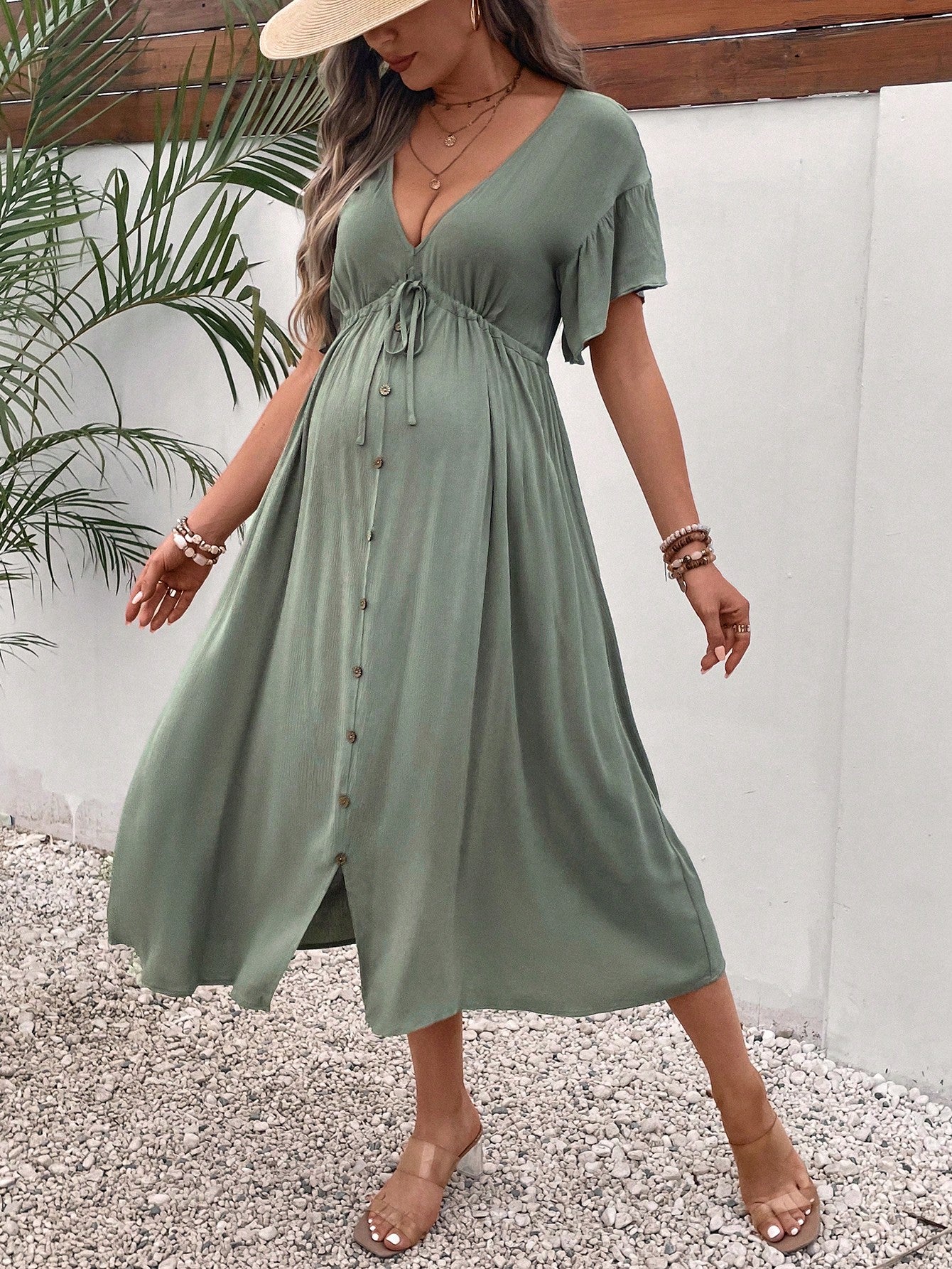 Maternity Solid Knot Front Button Detail Dress