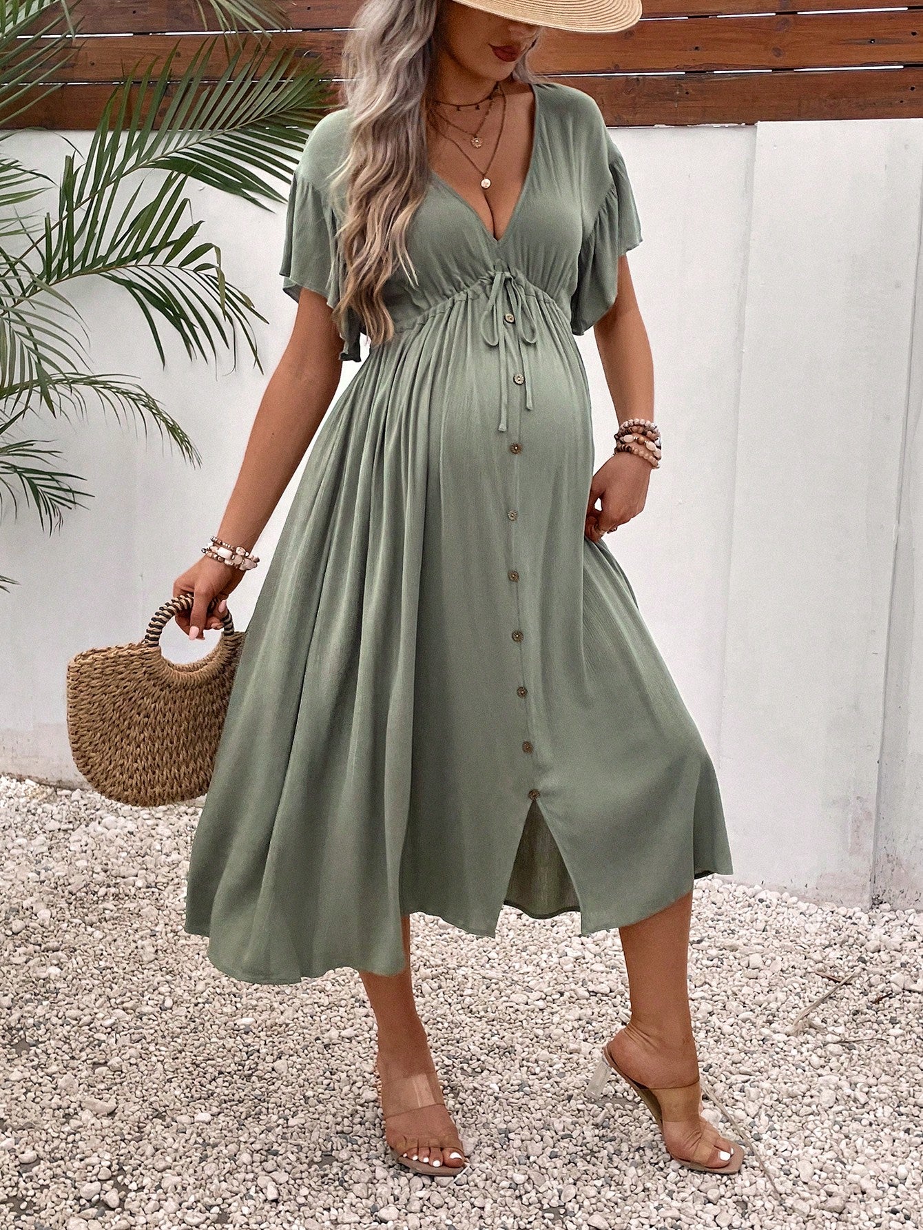Maternity Solid Knot Front Button Detail Dress