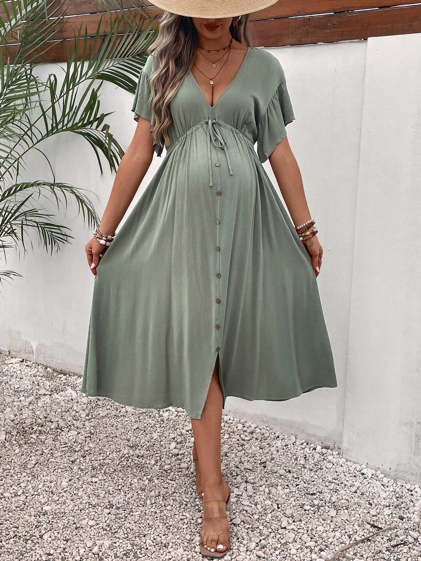 Maternity Solid Knot Front Button Detail Dress