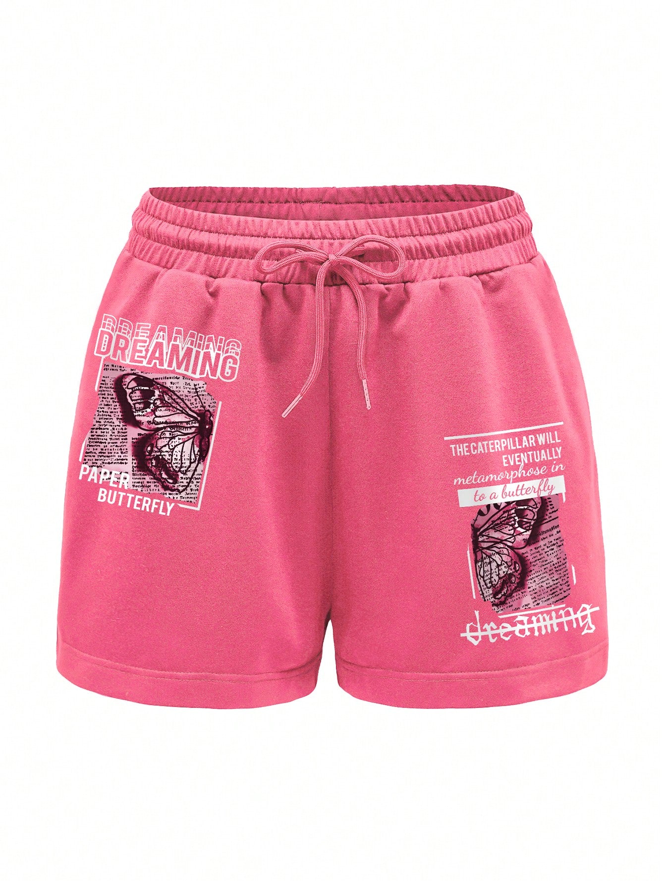 INAWLY Butterfly & Slogan Graphic Drawstring Waist Track Shorts