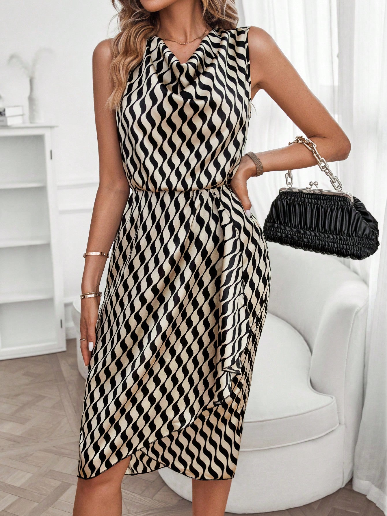Clasi Allover Print Draped Front Asymmetrical Hem Dress Maxi Women Outfit