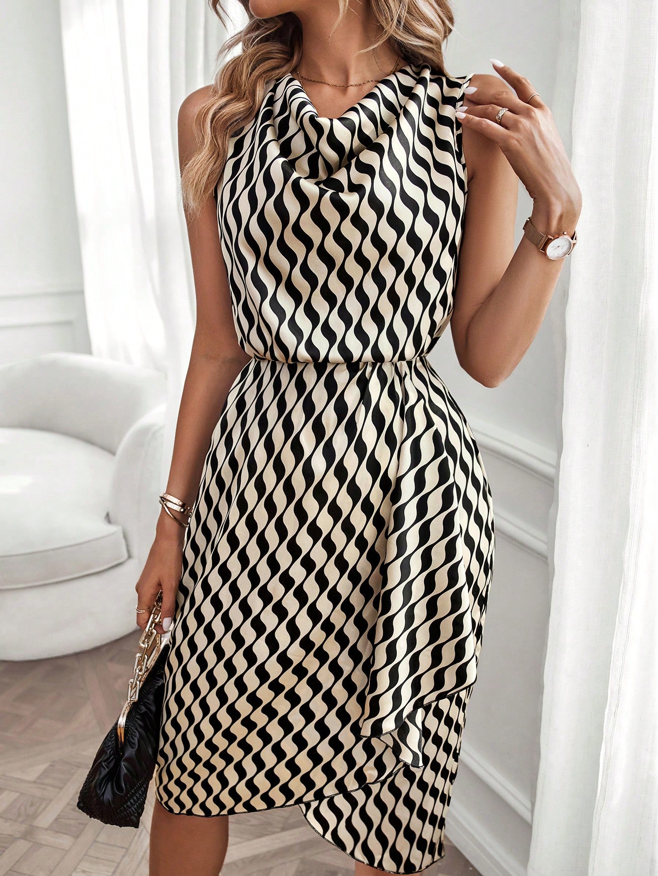 Clasi Allover Print Draped Front Asymmetrical Hem Dress Maxi Women Outfit